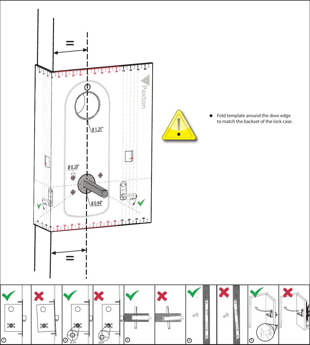 !Fold template around the door edge to match the backset of the lock case.235141==Ø 24 Ø24