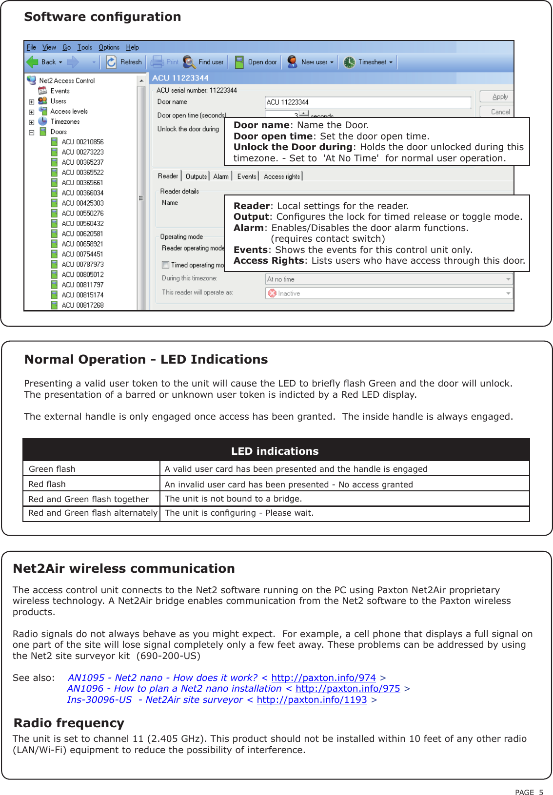 PAGE 5Presenting a valid user token to the unit will cause the LED to briey ash Green and the door will unlock.  The presentation of a barred or unknown user token is indicted by a Red LED display.The external handle is only engaged once access has been granted.  The inside handle is always engaged.Normal Operation - LED IndicationsSoftware congurationReader: Local settings for the reader.Output: Congures the lock for timed release or toggle mode.Alarm: Enables/Disables the door alarm functions.          (requires contact switch)Events: Shows the events for this control unit only.Access Rights: Lists users who have access through this door.Door name: Name the Door.Door open time: Set the door open time.Unlock the Door during: Holds the door unlocked during this timezone. - Set to  &apos;At No Time&apos;  for normal user operation.Red ashRed and Green ash togetherA valid user card has been presented and the handle is engagedAn invalid user card has been presented - No access grantedLED indicationsGreen ashThe unit is conguring - Please wait.The access control unit connects to the Net2 software running on the PC using Paxton Net2Air proprietary wireless technology. A Net2Air bridge enables communication from the Net2 software to the Paxton wireless products.Radio signals do not always behave as you might expect.  For example, a cell phone that displays a full signal on one part of the site will lose signal completely only a few feet away. These problems can be addressed by using the Net2 site surveyor kit  (690-200-US)See also:  XAN1095 - Net2 nano - How does it work? &lt; http://paxton.info/974 &gt;X               AN1096 - How to plan a Net2 nano installation &lt; http://paxton.info/975 &gt;X               Ins-30096-US  - Net2Air site surveyor &lt; http://paxton.info/1193 &gt;Net2Air wireless communicationRadio frequencyThe unit is set to channel 11 (2.405 GHz). This product should not be installed within 10 feet of any other radio (LAN/Wi-Fi) equipment to reduce the possibility of interference.Red and Green ash alternatelyThe unit is not bound to a bridge.
