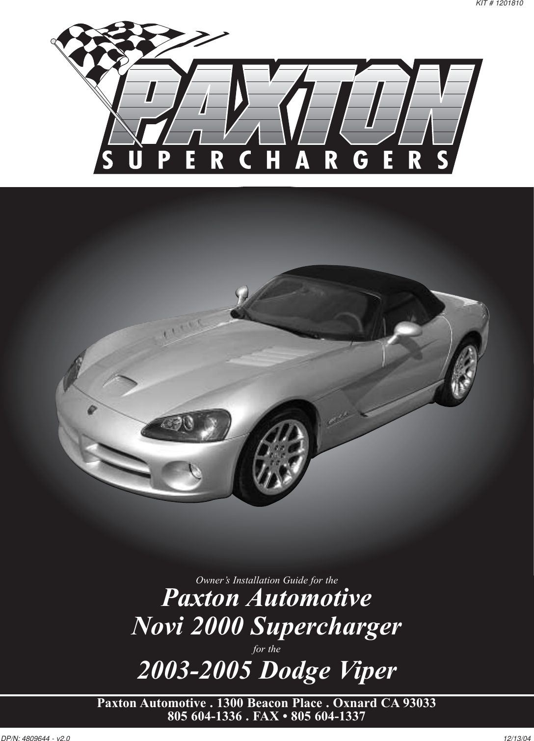 Paxton Automotive Novi 2000 Supercharger 1201810 Users Manual