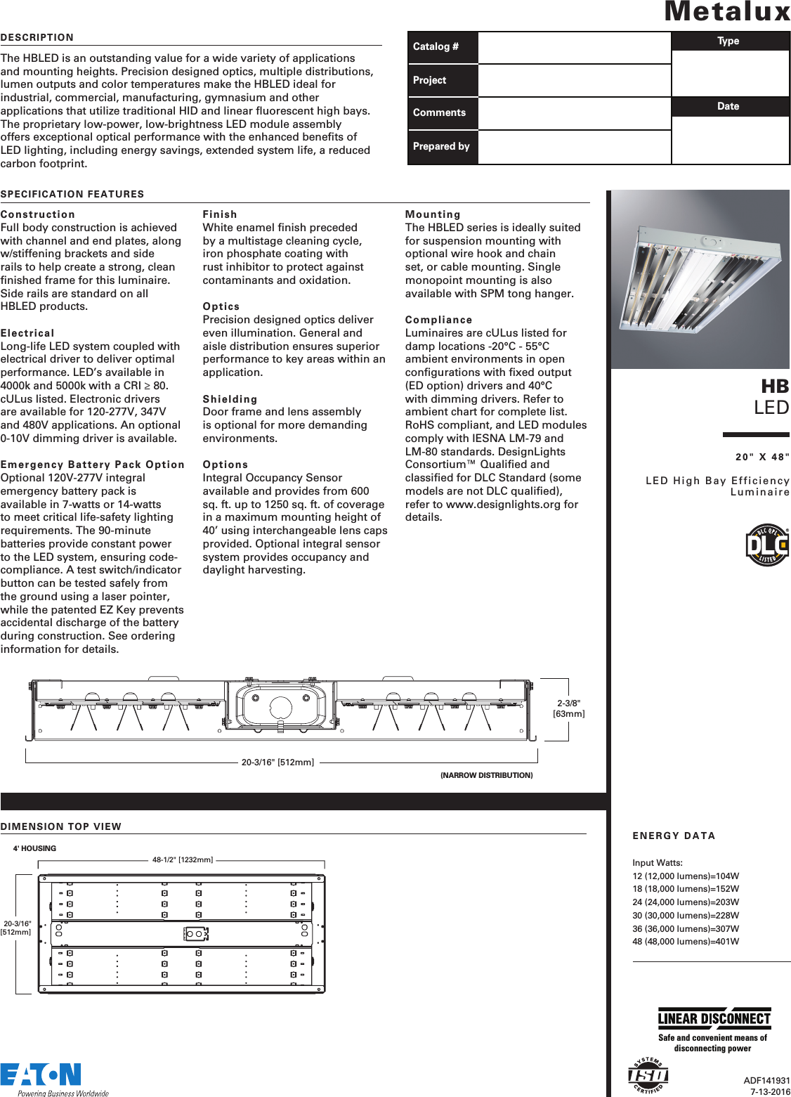 Page 1 of 5 - Metalux HB LED High Bay Efficiency Luminaire Specification Sheet  1000273704-Catalog