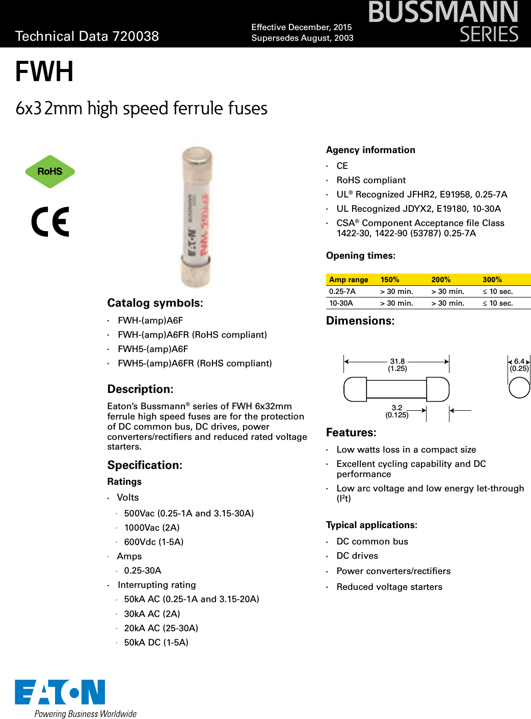 Bussmann Series FWH 6x32mm High Speed Fuse Data Sheet No. 720038 Brochure