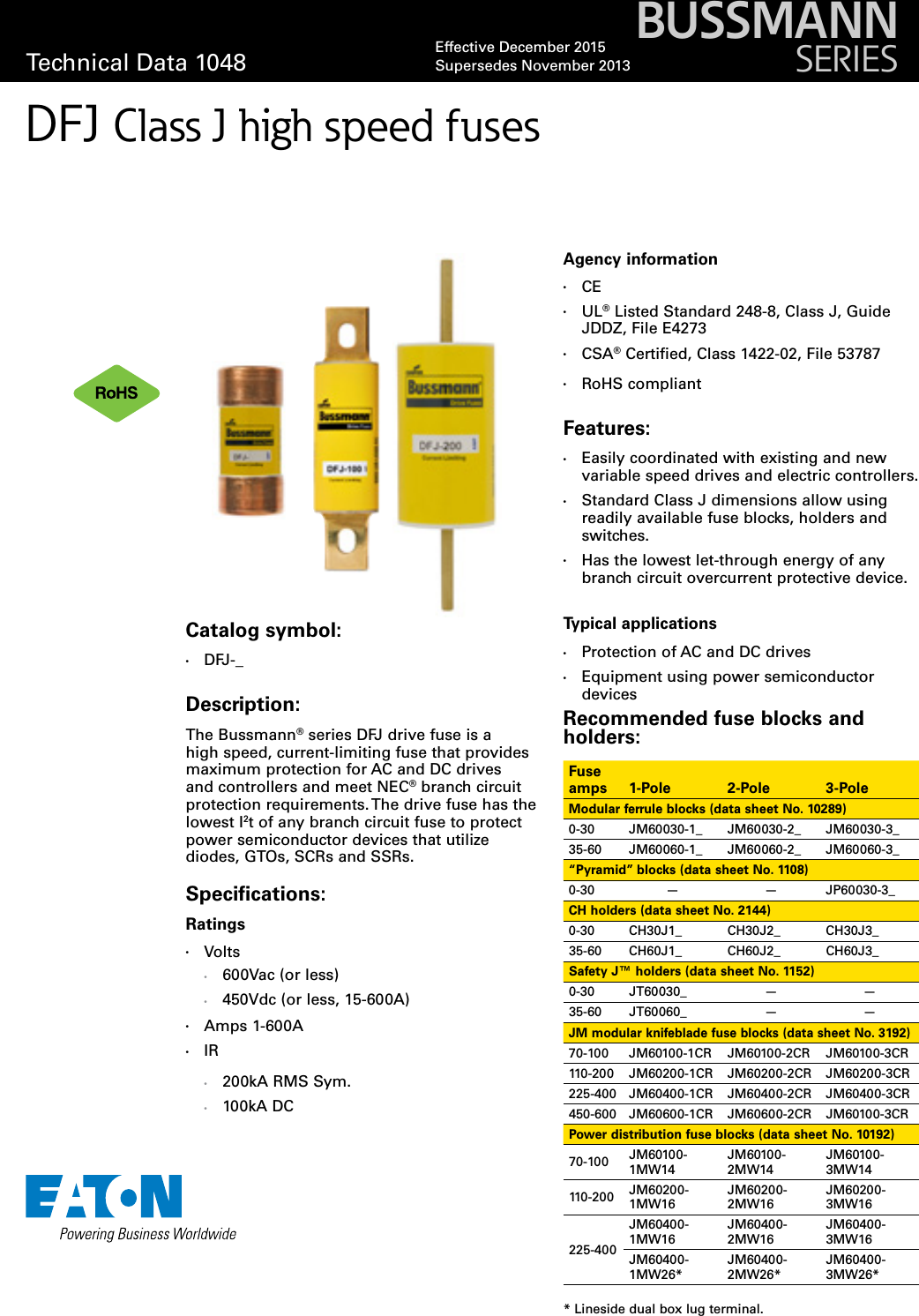 Page 1 of 4 - Bussmann Series Class J DFJ High Speed Fuse Data Sheet No. 1048  Brochure