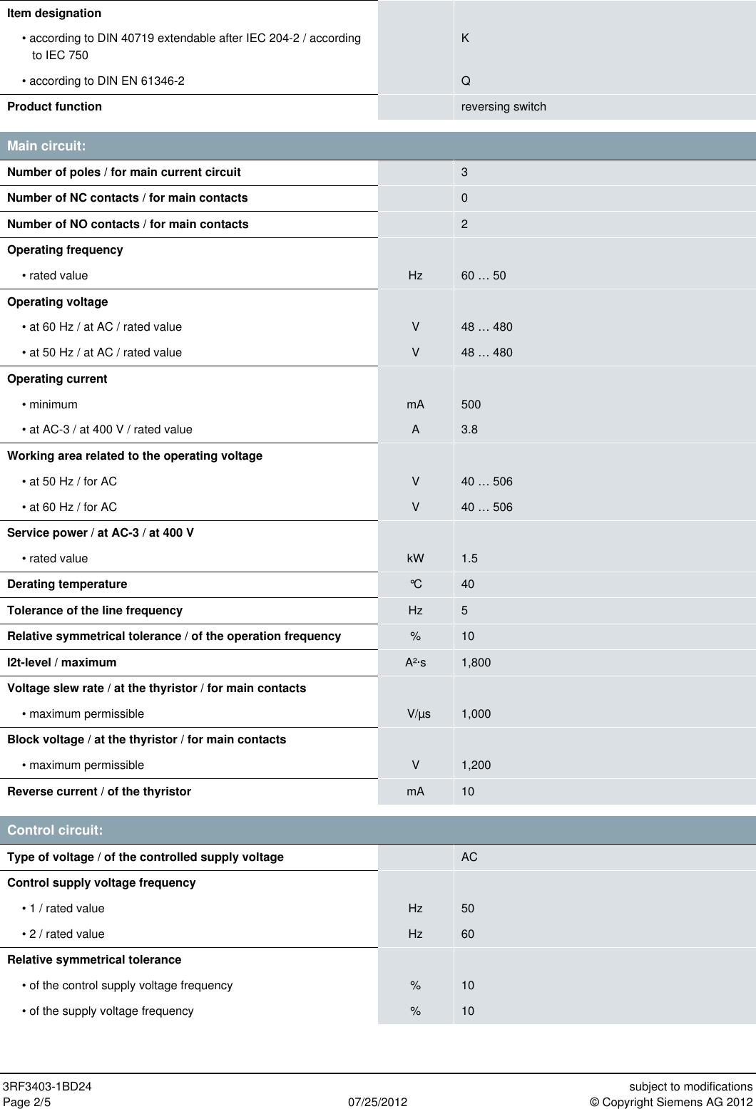 Page 2 of 5 - Product Data Sheet 3RF3403-1BD24