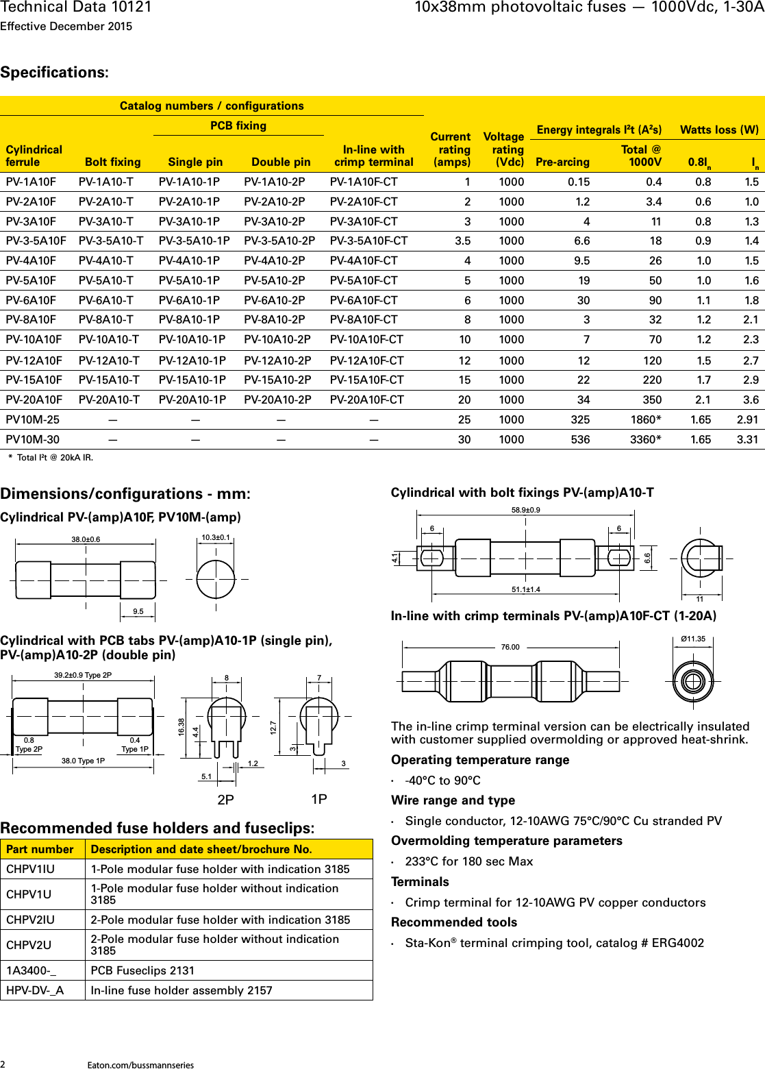 Page 2 of 6 - Bussmann 10x38mm 1000Vdc PV Fuse Data Sheet No. 10121  Brochure