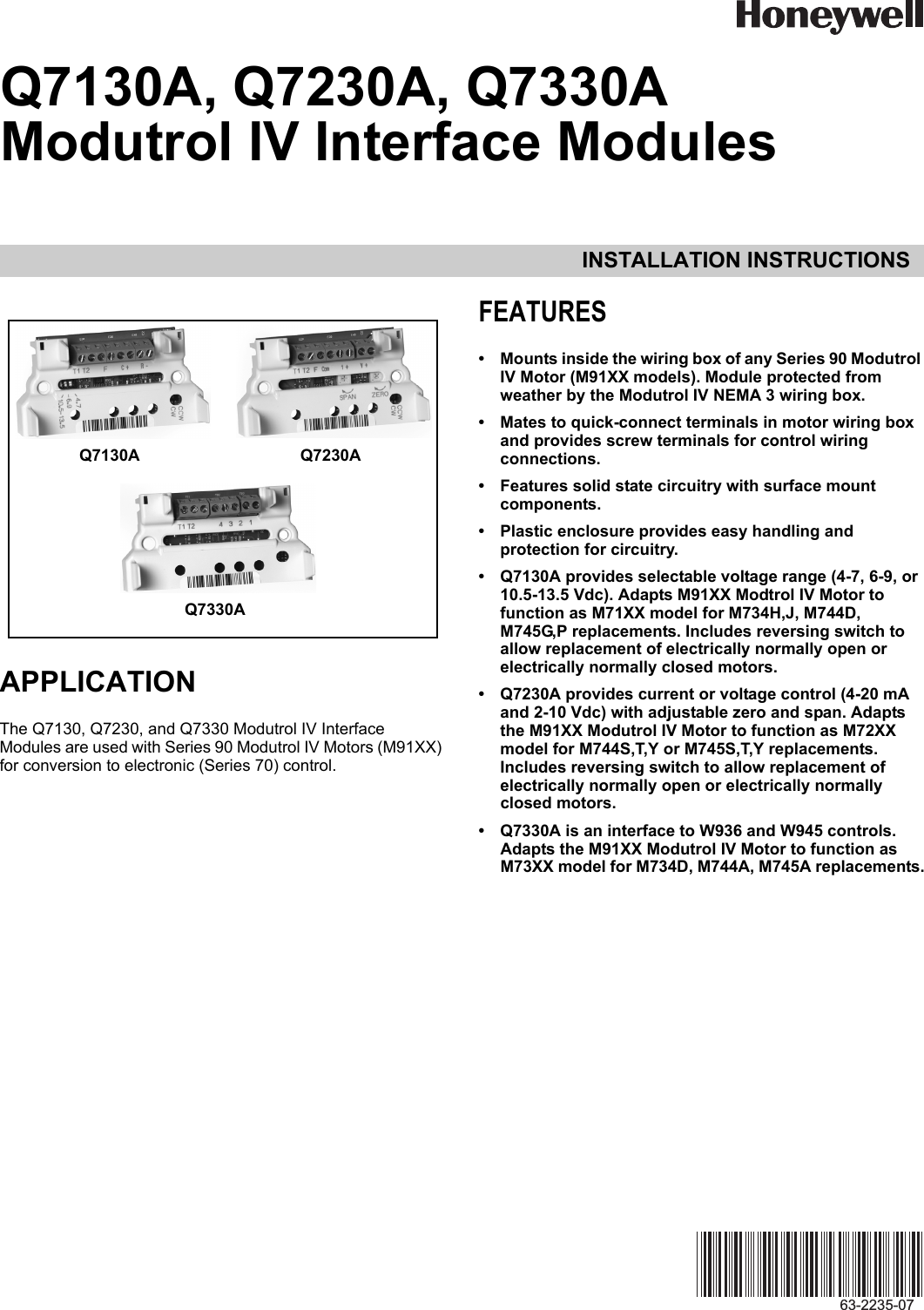 Page 1 of 8 - 63-2235_D Q7130A, Q7230A, Q7330AModutrol IV Interface Modules  Installation Directions