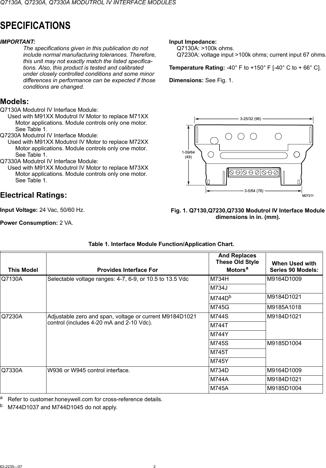 Page 2 of 8 - 63-2235_D Q7130A, Q7230A, Q7330AModutrol IV Interface Modules  Installation Directions