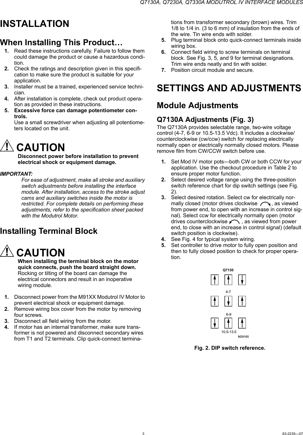 Page 3 of 8 - 63-2235_D Q7130A, Q7230A, Q7330AModutrol IV Interface Modules  Installation Directions