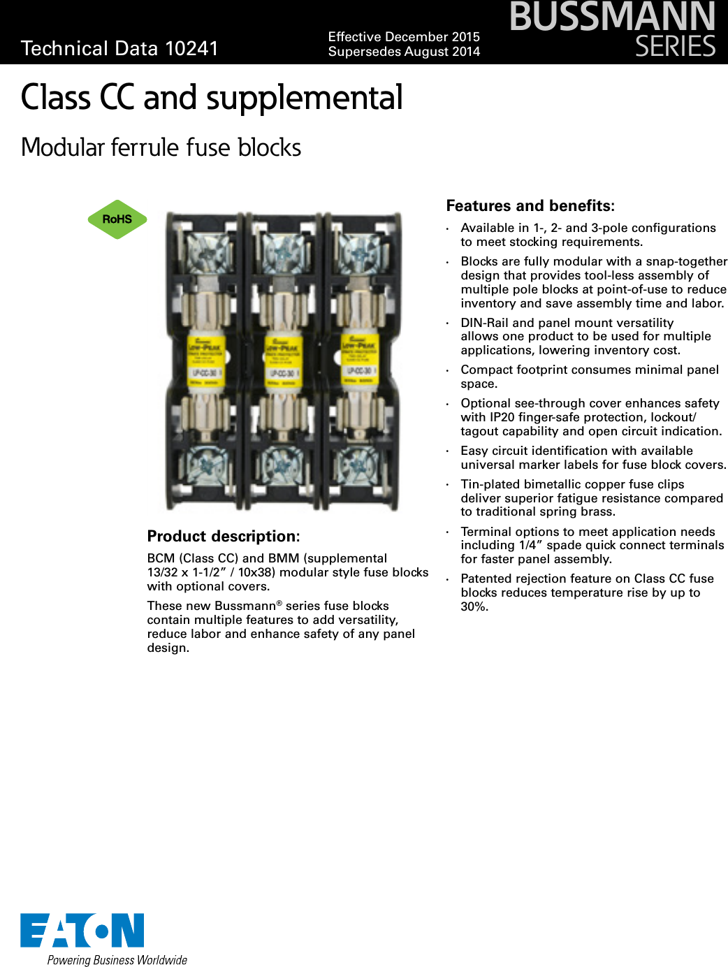 Page 1 of 3 - Bussmann Series BCM And BMM Modular Class CC Supplemental Ferrule Fuse Block Data Sheet No. 10241  Brochure