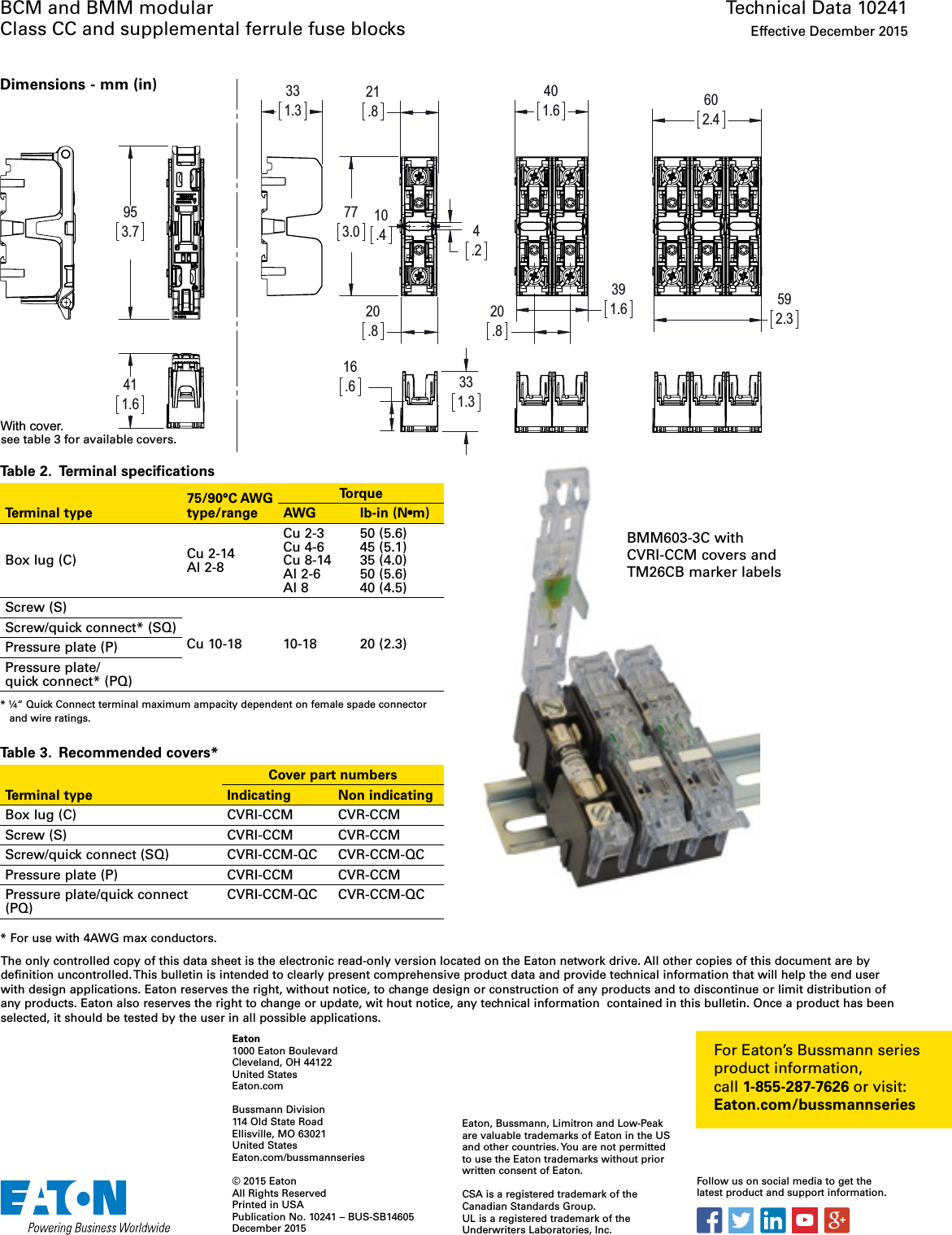 Page 3 of 3 - Bussmann Series BCM And BMM Modular Class CC Supplemental Ferrule Fuse Block Data Sheet No. 10241  Brochure