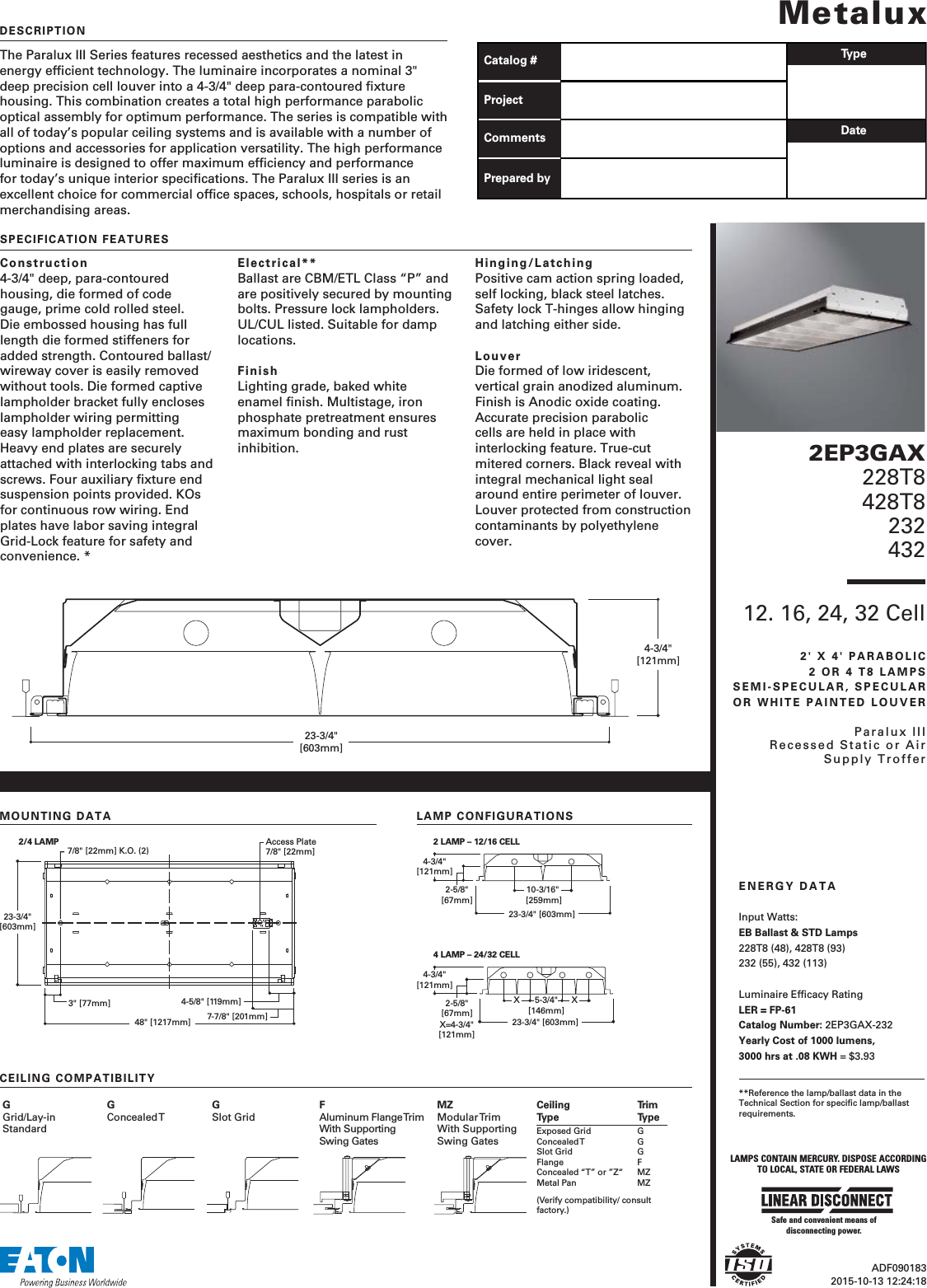 Metalux 2EP3GAX 2' X 4' Parabolic Specification Sheet Brochure