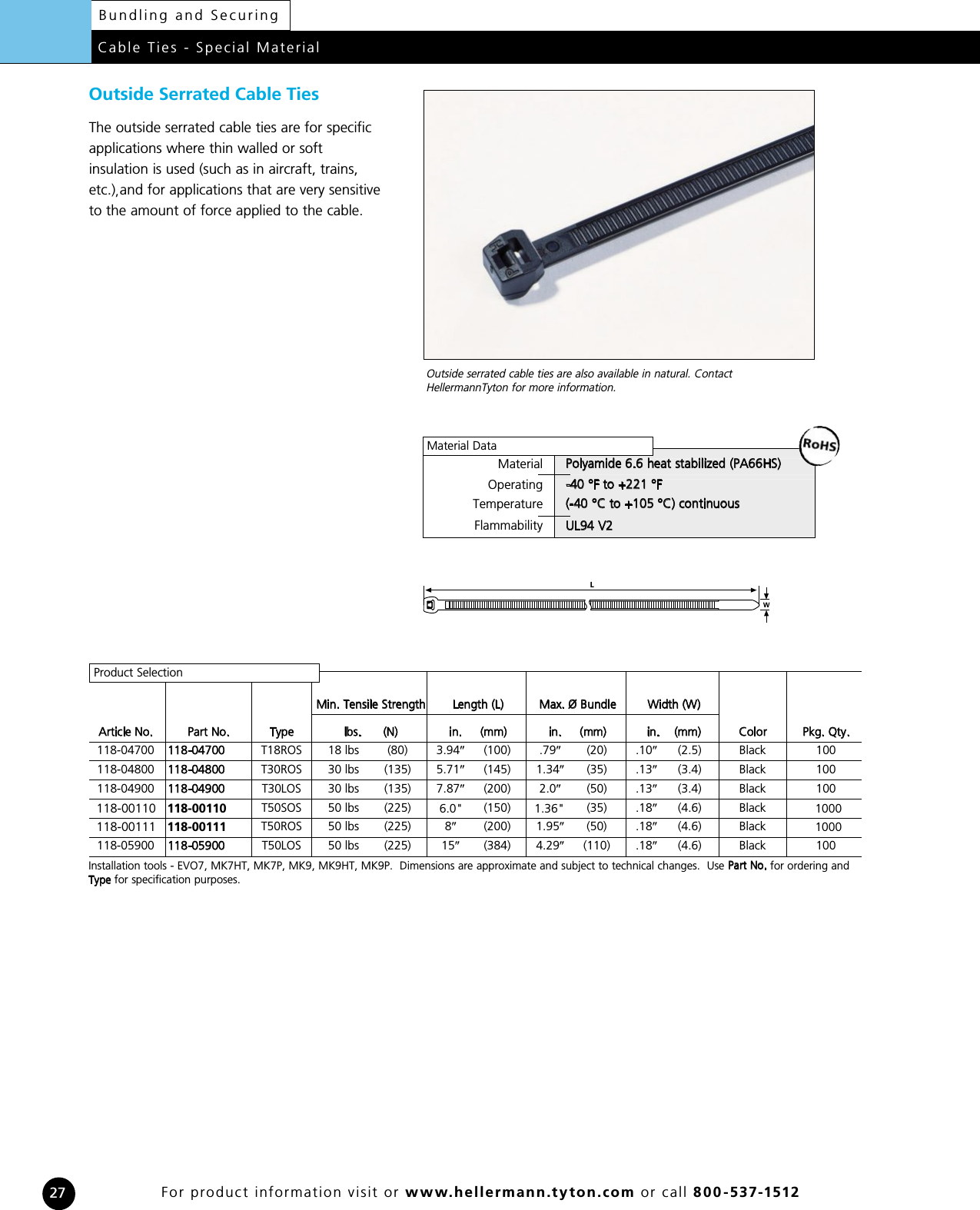 Pack of 100 Hellermann Tyton T50R6C2 Standard Cable Tie 50lb Tensile Strength PA66 8 Long Blue 