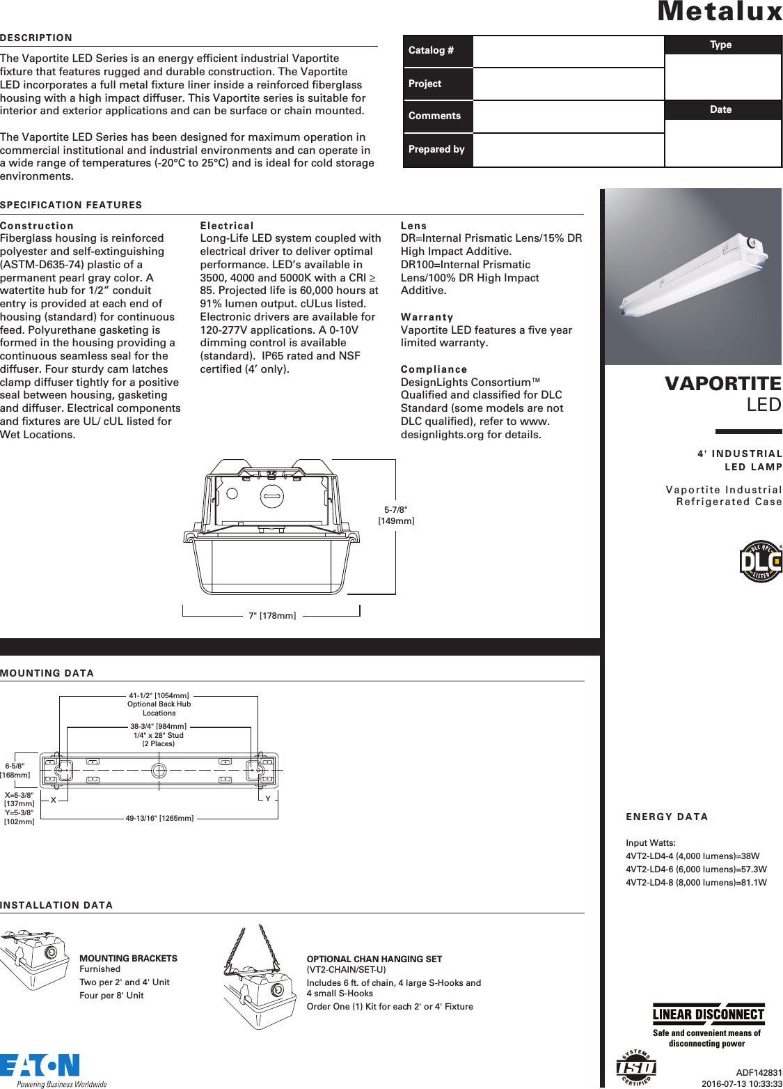 Page 1 of 2 - Metalux Vaportite LED, 4' Industrial Specification Sheet