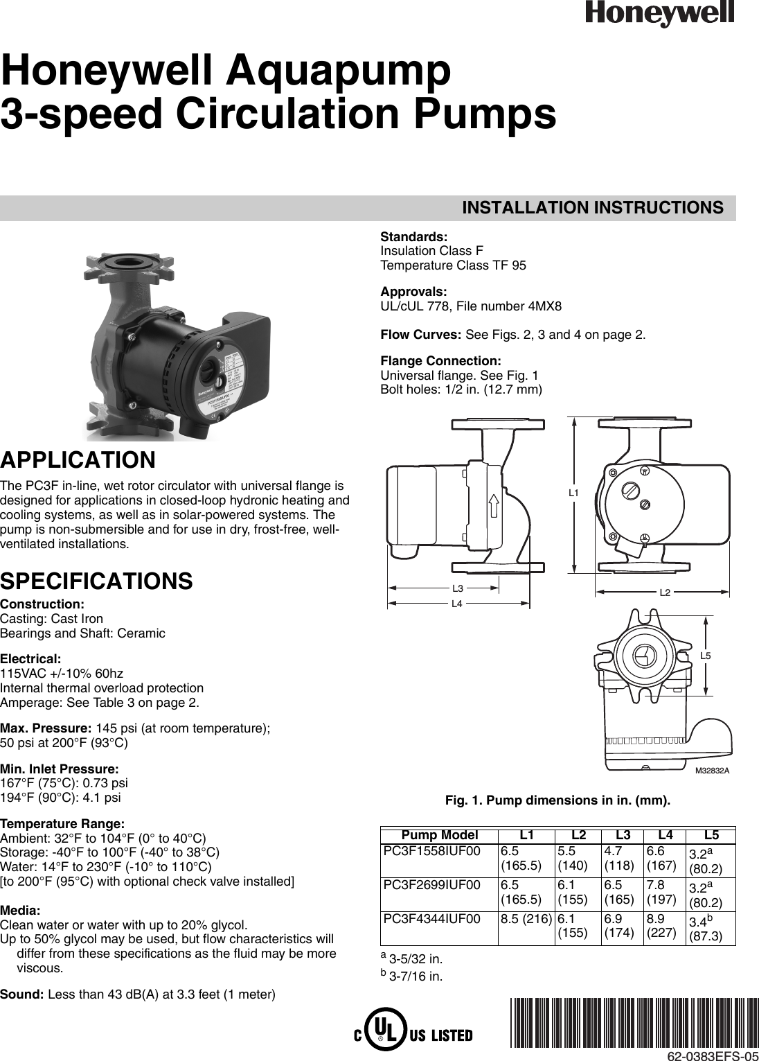 62 0383EFS—05 Honeywell Aquapump 3 speed Circulation Pumps Installation