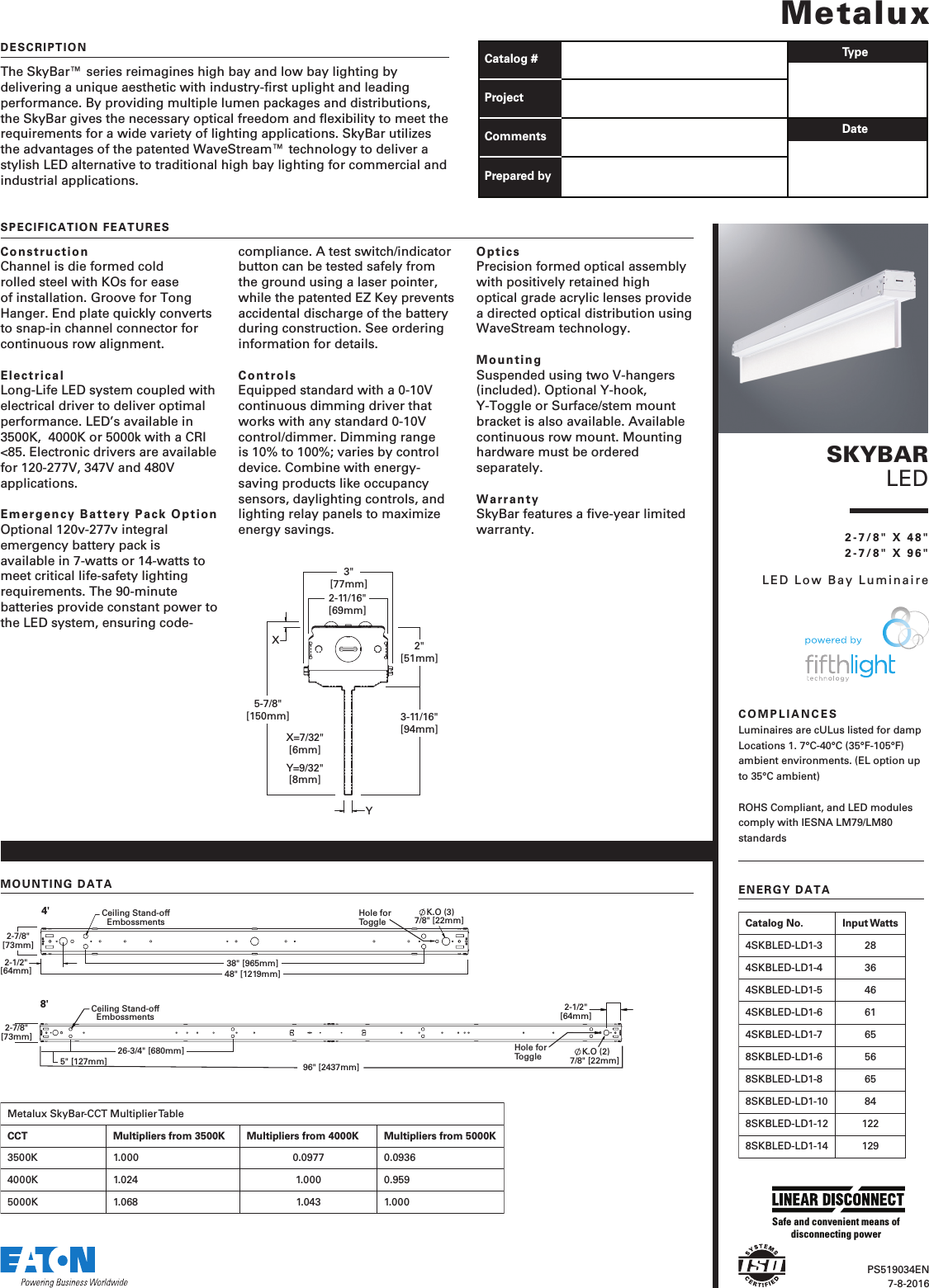 Page 1 of 5 - Metalux SKYBAR Single LED Low Bay Luminaire Specification Sheet  1000425627-Catalog