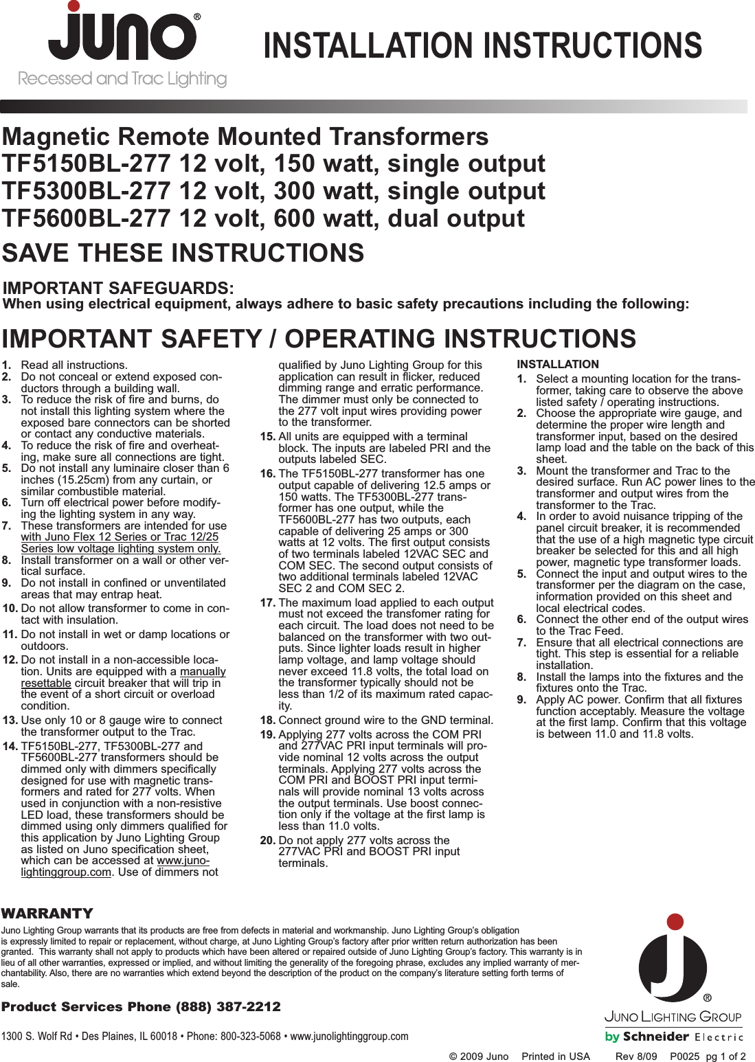 Page 1 of 2 - P0025rev8-09  Installation Directions