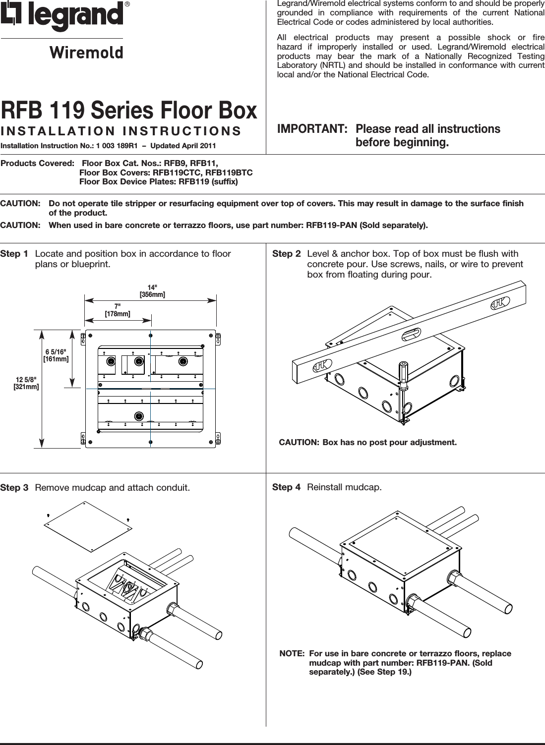 Page 1 of 8 - RFB119 Series Floor Box Installation Instructions  Directions