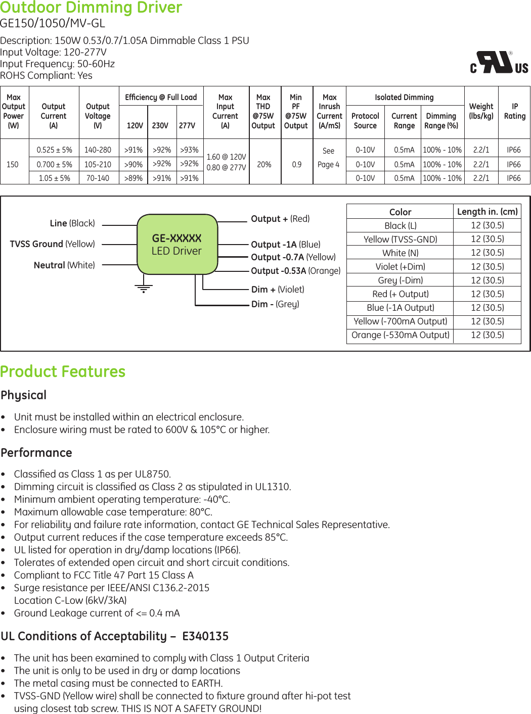 Page 2 of 5 - GE LED Power Supply Outddoor Dimming Driver GE150/1050/MV-GL — Datasheet | OLP3063