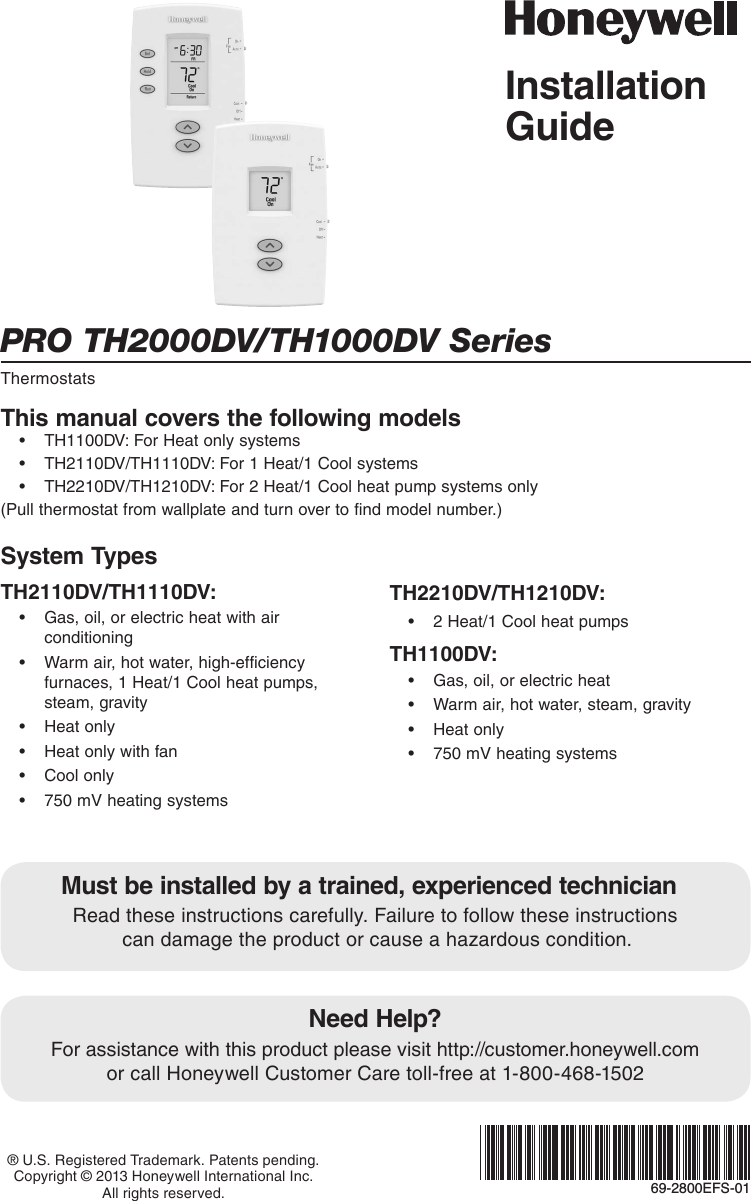 69 2800EFS—01 PRO TH2000DV/TH1000DV Series Installation Directions