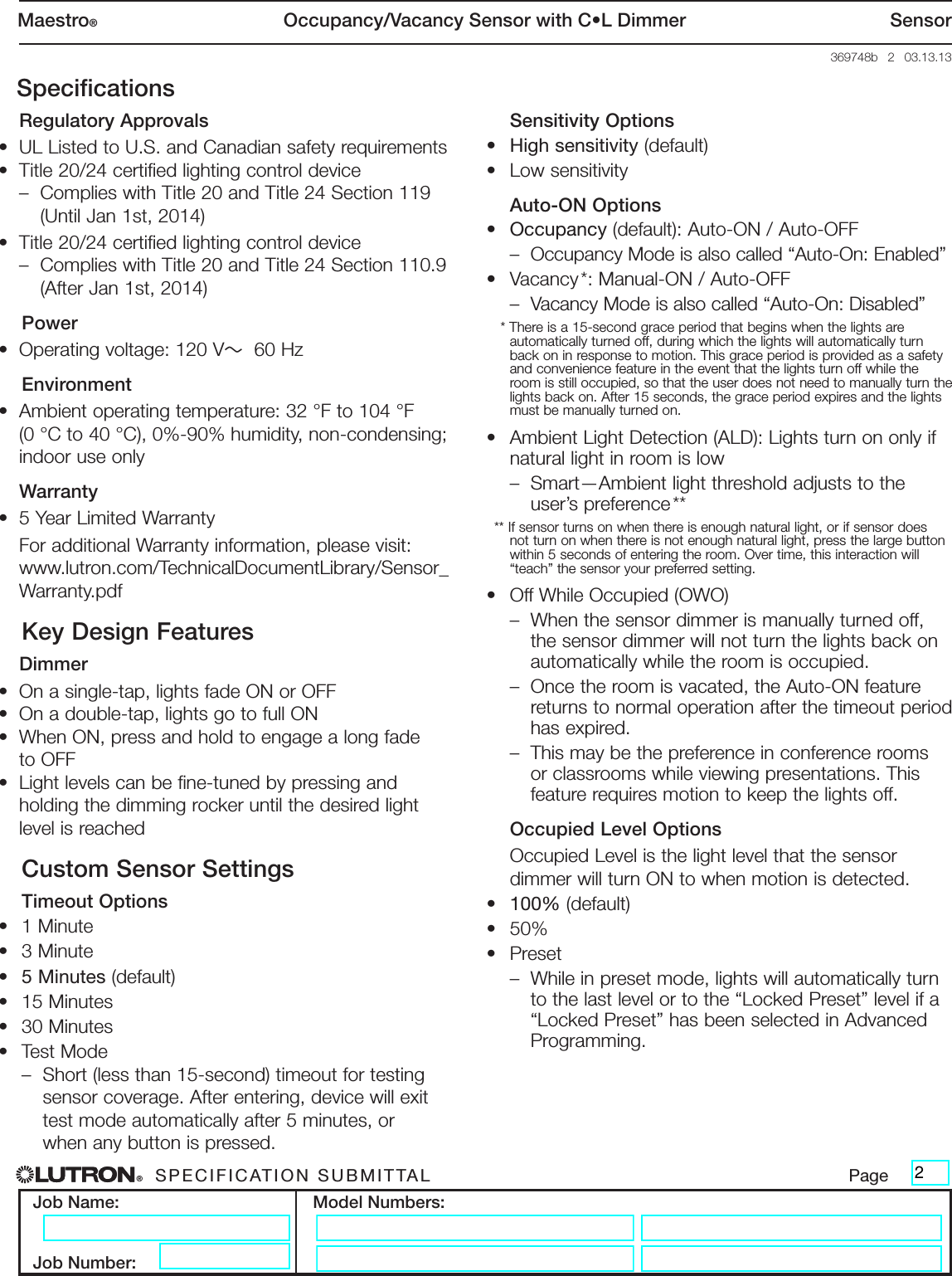 Page 2 of 9 - Lutron Maestro MSCL-OP153M-WH Spec Sheet  Brochure