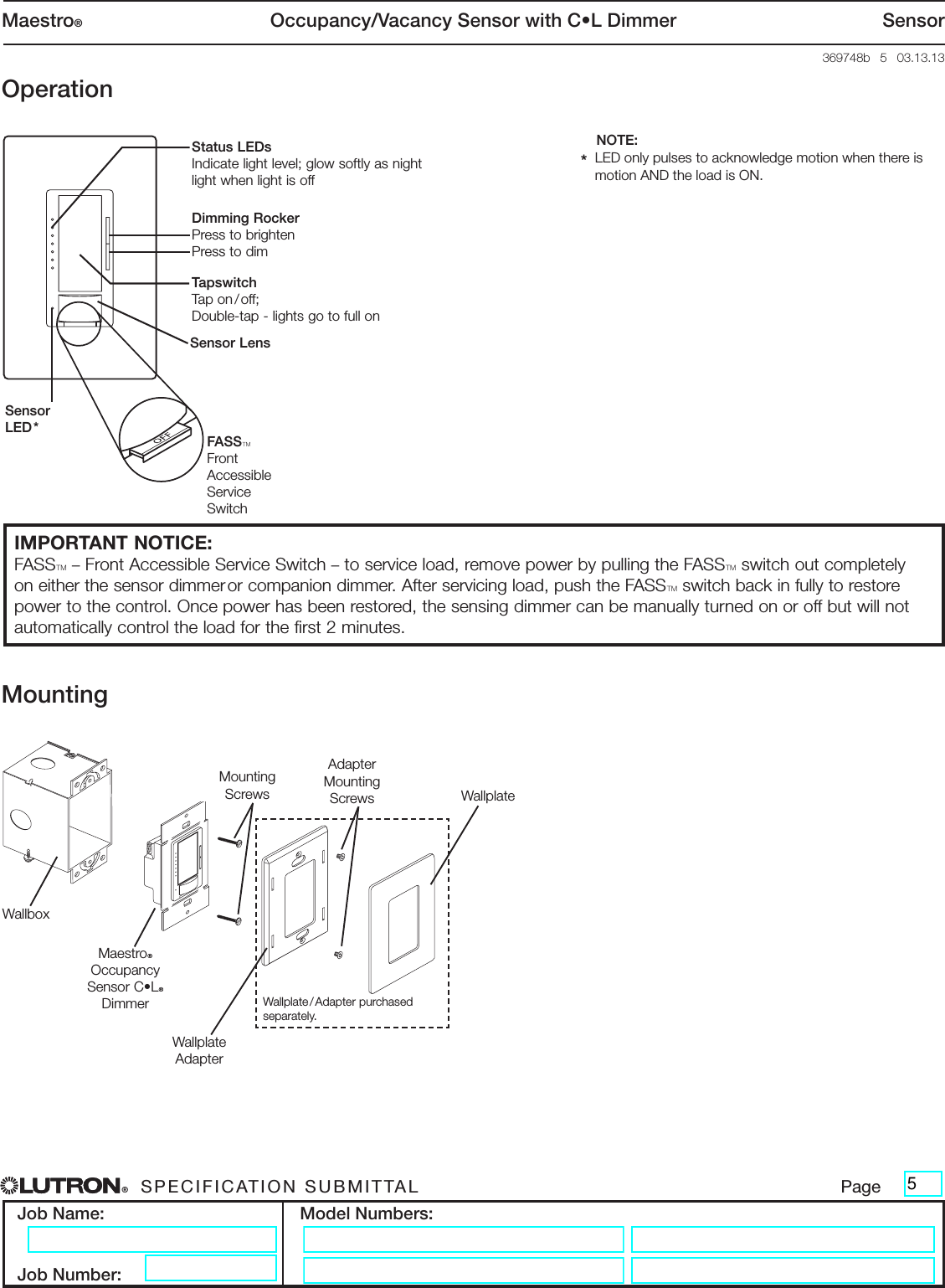 Page 5 of 9 - Lutron Maestro MSCL-OP153M-WH Spec Sheet  Brochure