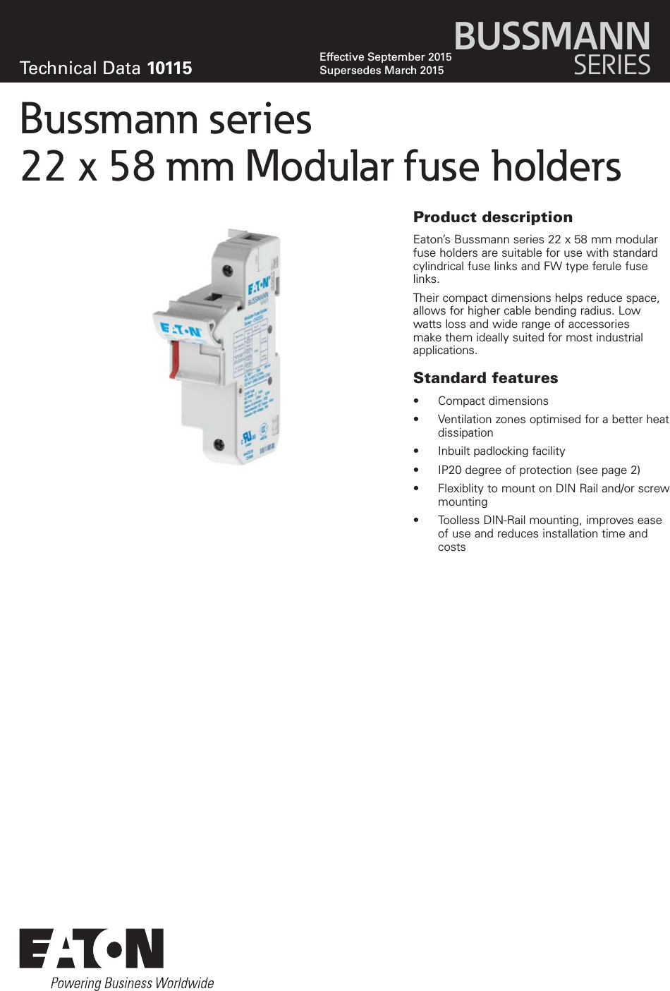 Bussmann Series 22x58mm Modular Fuse Holders Data Sheet No. 10115
