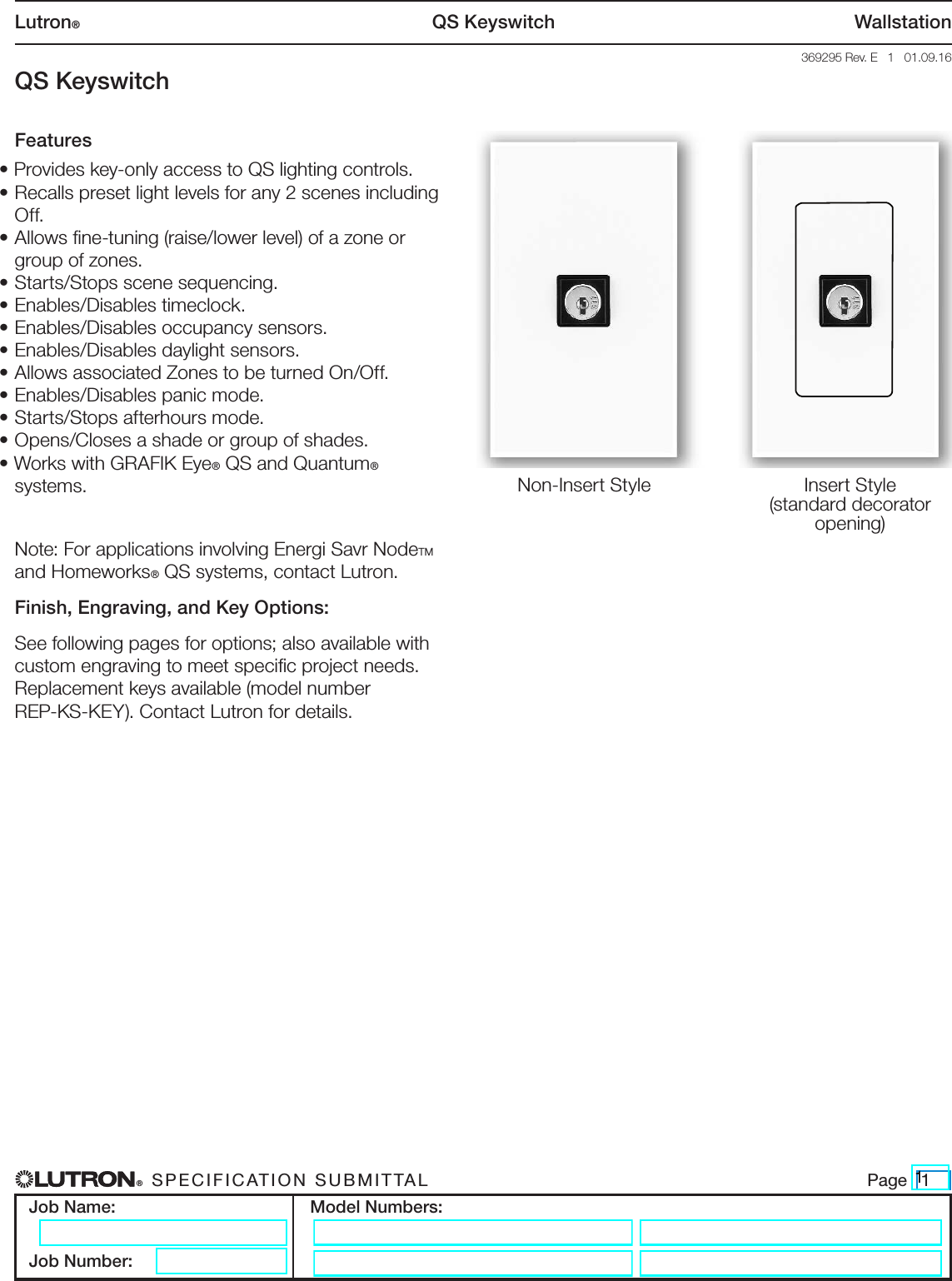 Page 1 of 9 - QS Keyswitch Wallstation (369295) Brochure