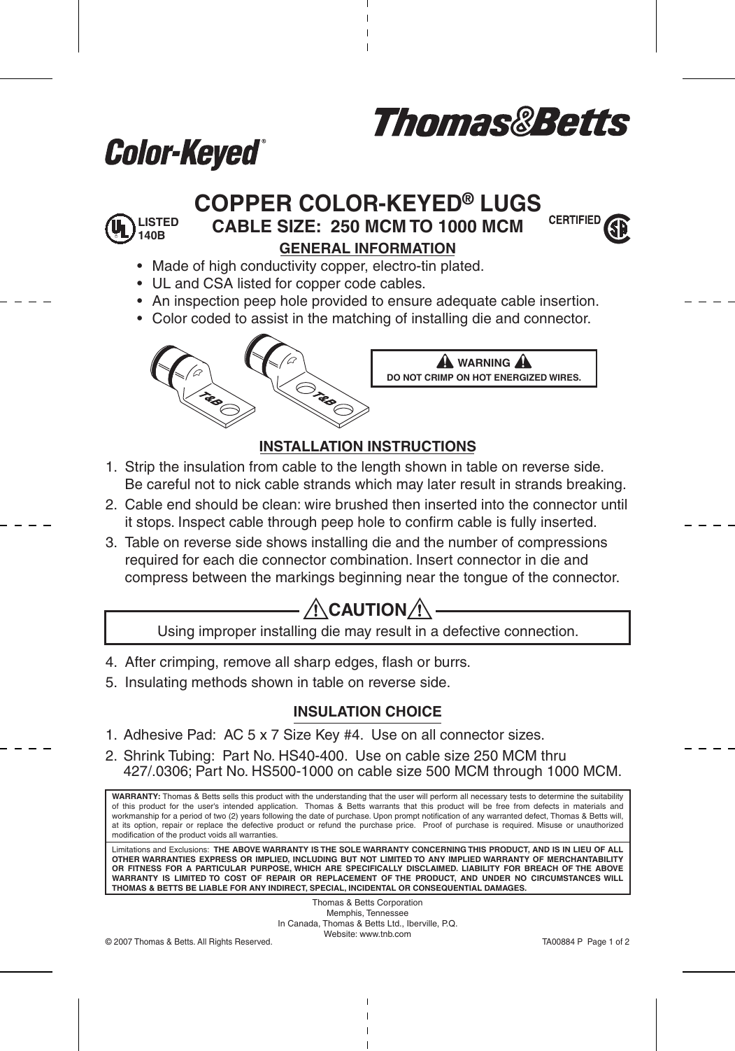 Page 1 of 2 - Ta00884  Installation Directions