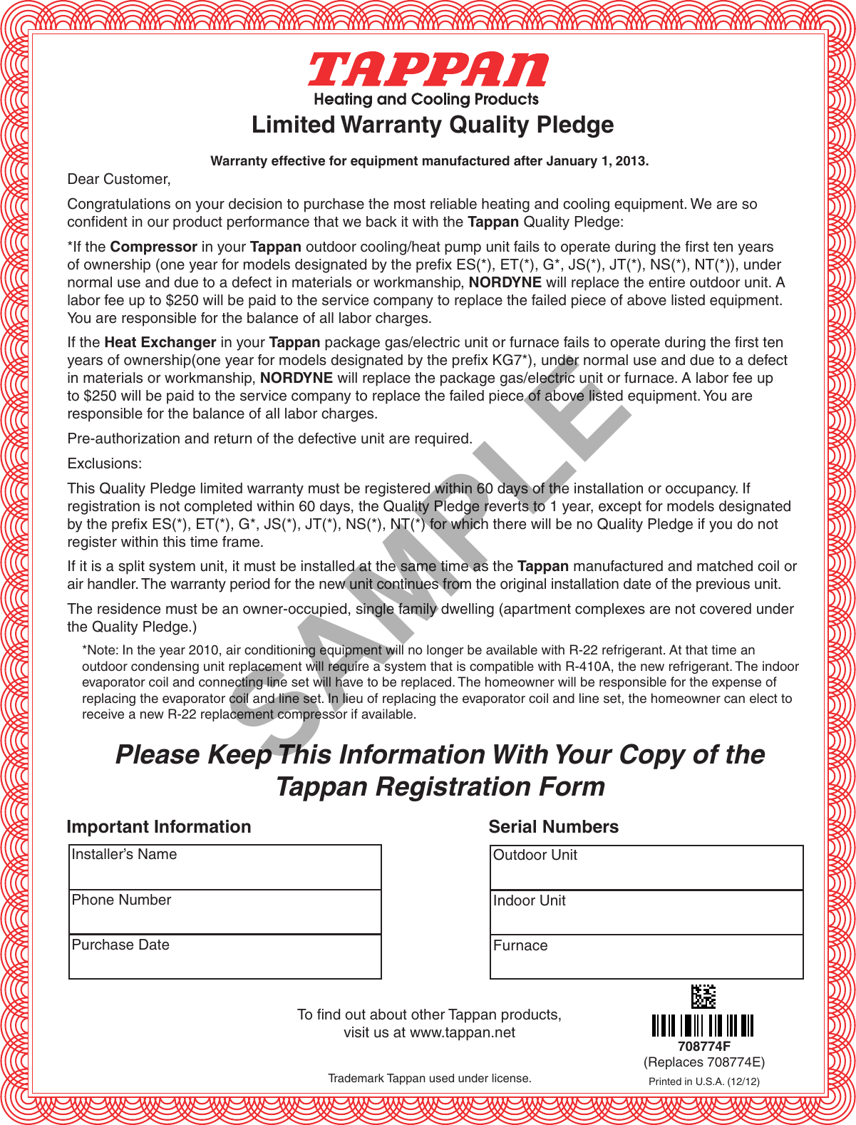 Page 1 of 8 - Tappan Limited Warranty