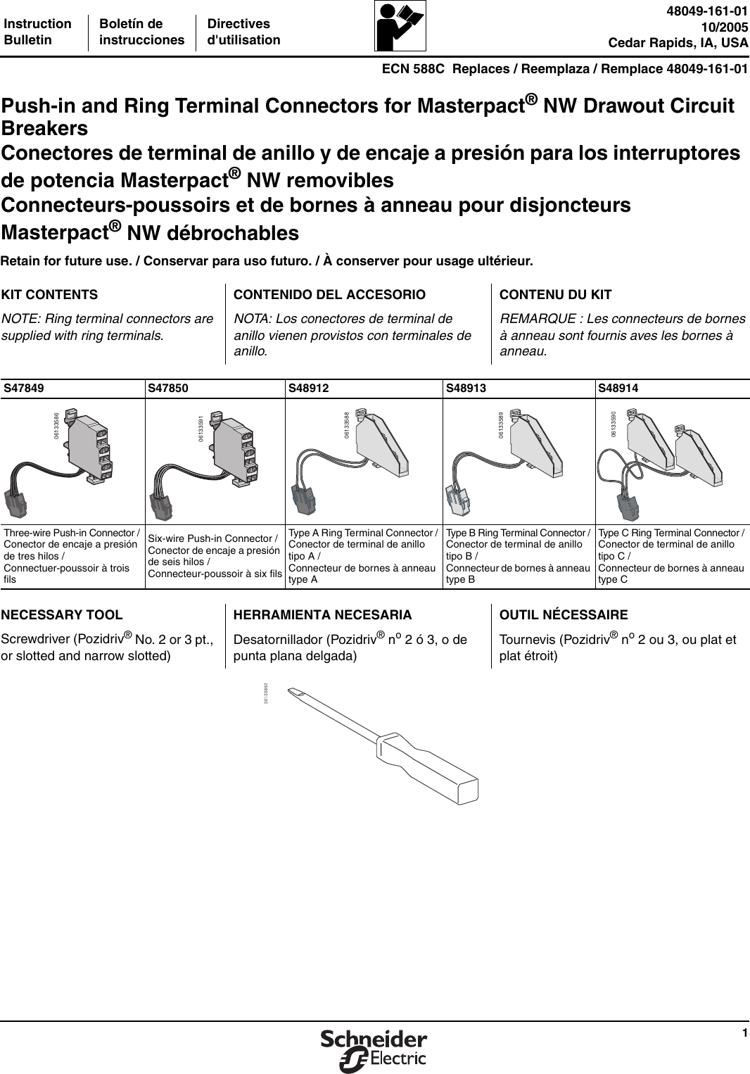 Page 1 of 6 - Push-in And Ring Terminal Connectors For MASTERPACT® NW Drawout Circuit Breakers  Installation Directions