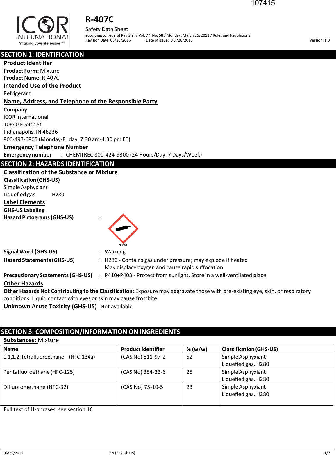 Page 1 of 7 - ICOR-SDS-R-407Cx  107415