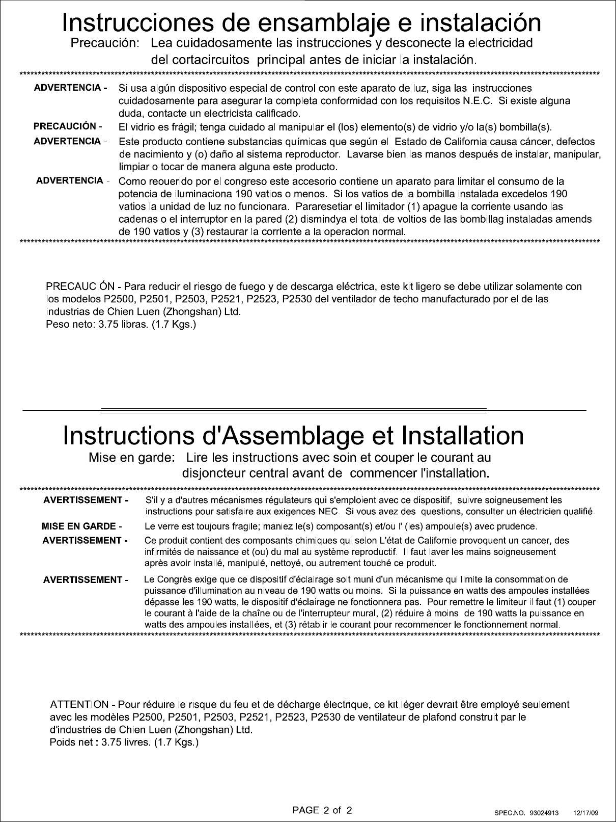 Page 2 of 2 - 93024913_B  Installation Directions