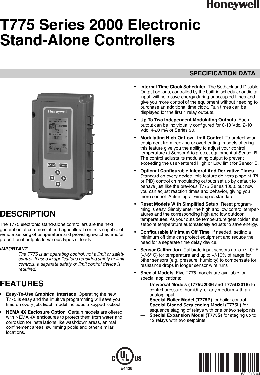 Page 1 of 4 - 63-1318—04 - T775 Series 2000 Electronic Stand-Alone Controllers