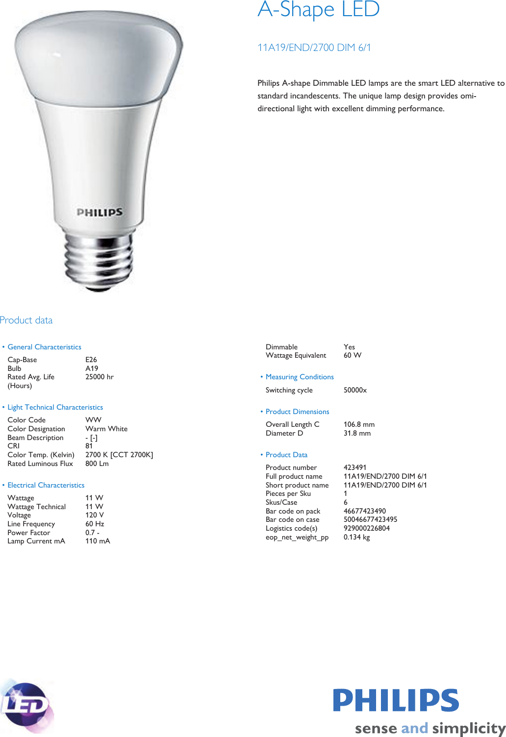 Page 1 of 1 - Philips 423491 A19 LED Light Bulb Spec Sheet