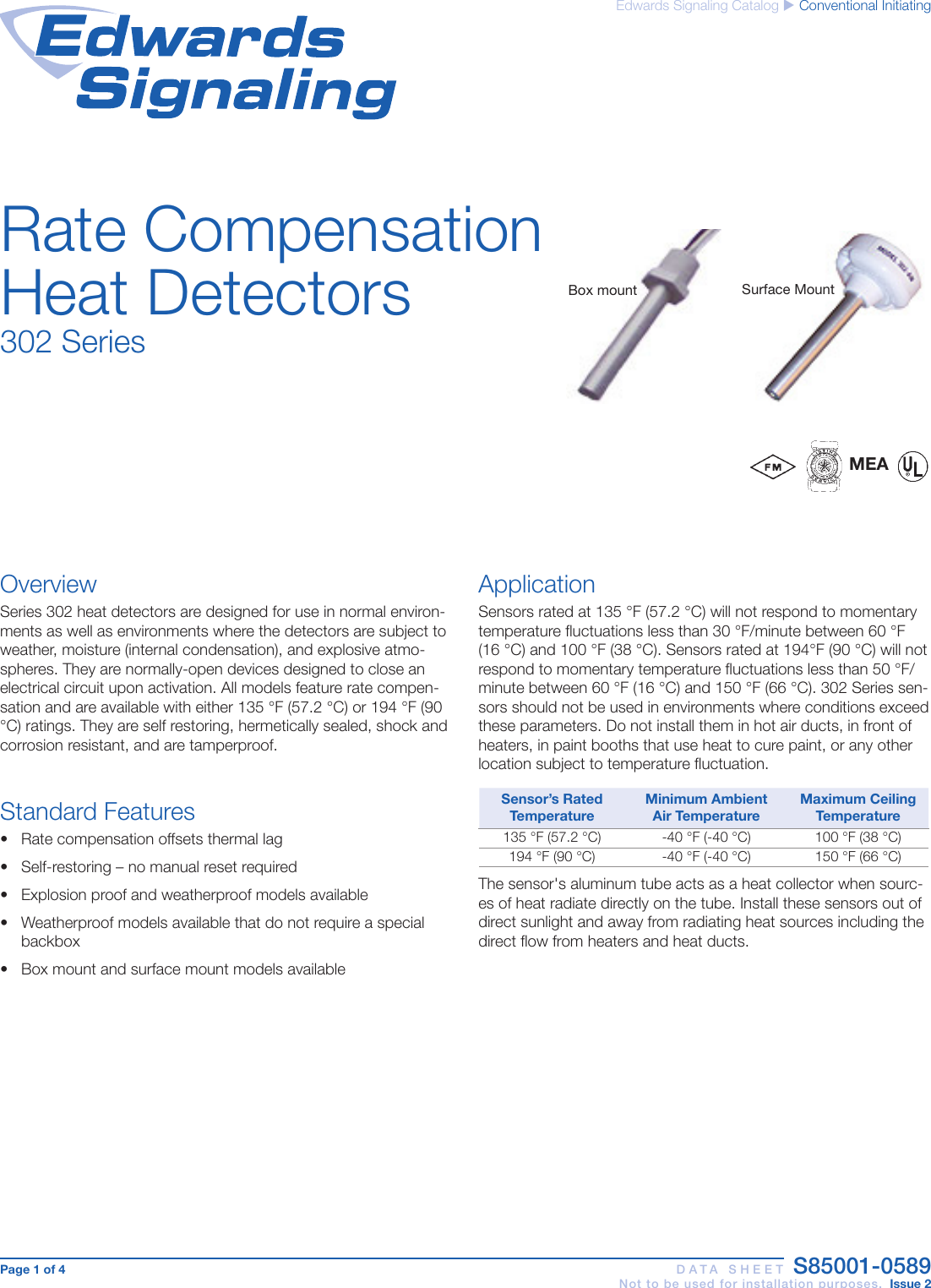 Page 1 of 4 - Data Sheet S85001-0589 -- Rate Compensation Heat Detectors  Brochure