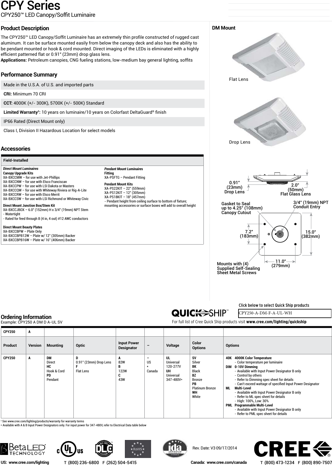 Page 1 of 3 - Cree CPY250 LED Canopy Light Spec Sheet; Drop Lens; Flat Lens