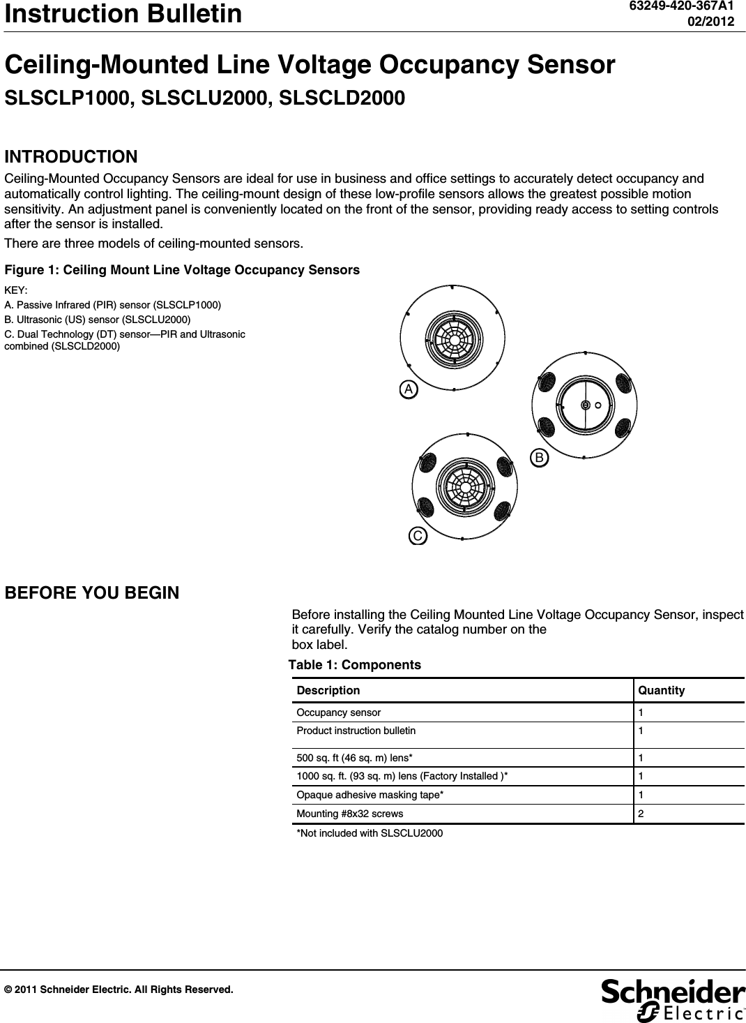 Page 1 of 12 - Ceiling-Mounted Line Voltage Occupancy Sensor  Installation Directions