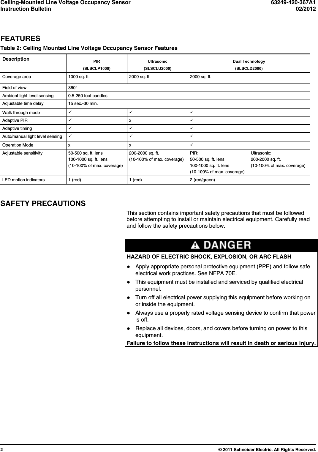 Page 2 of 12 - Ceiling-Mounted Line Voltage Occupancy Sensor  Installation Directions