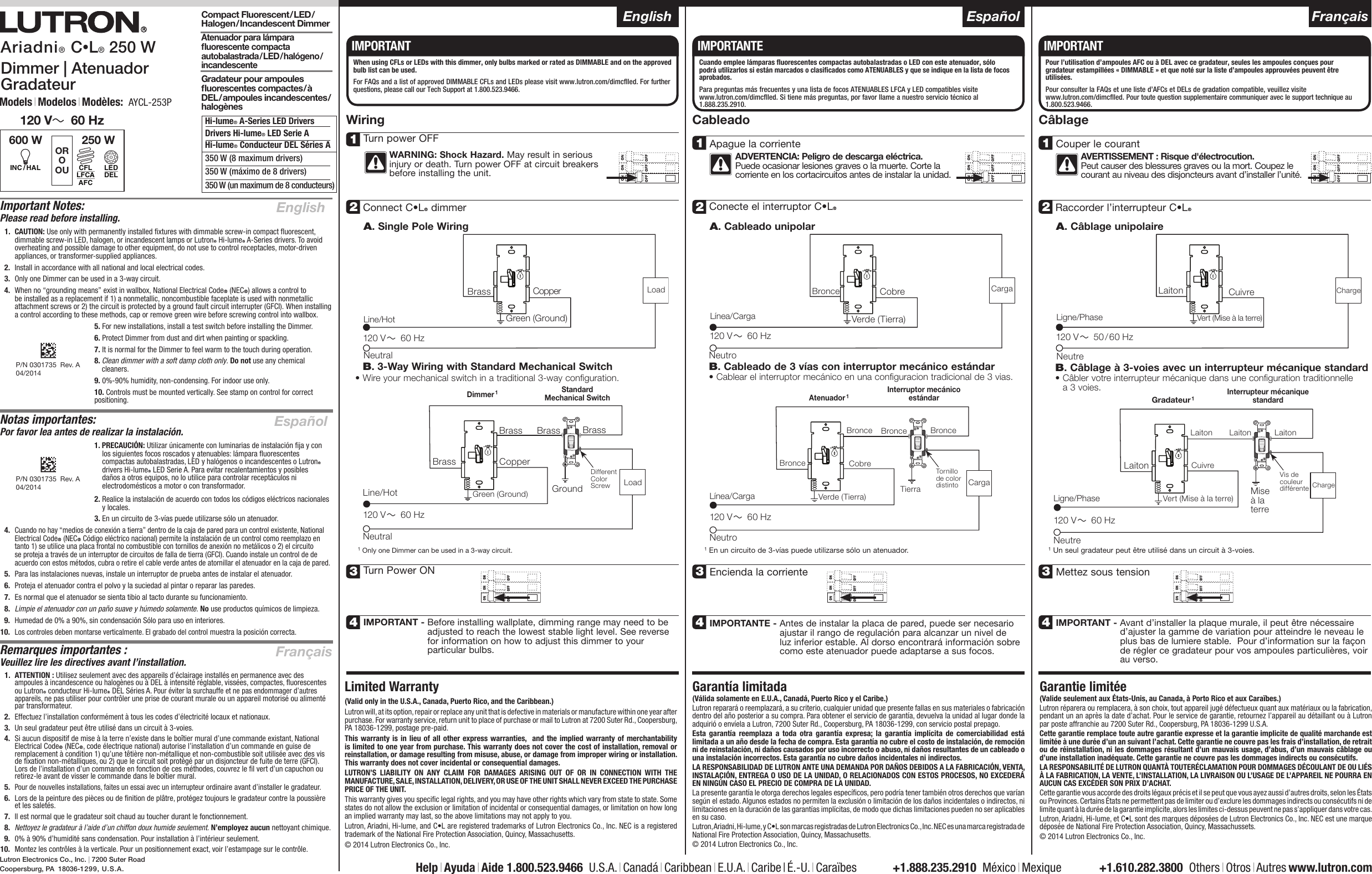 Page 1 of 2 - Lutron AYCL-253P-IV Installation Instructions  127545-Installatioun Sheet