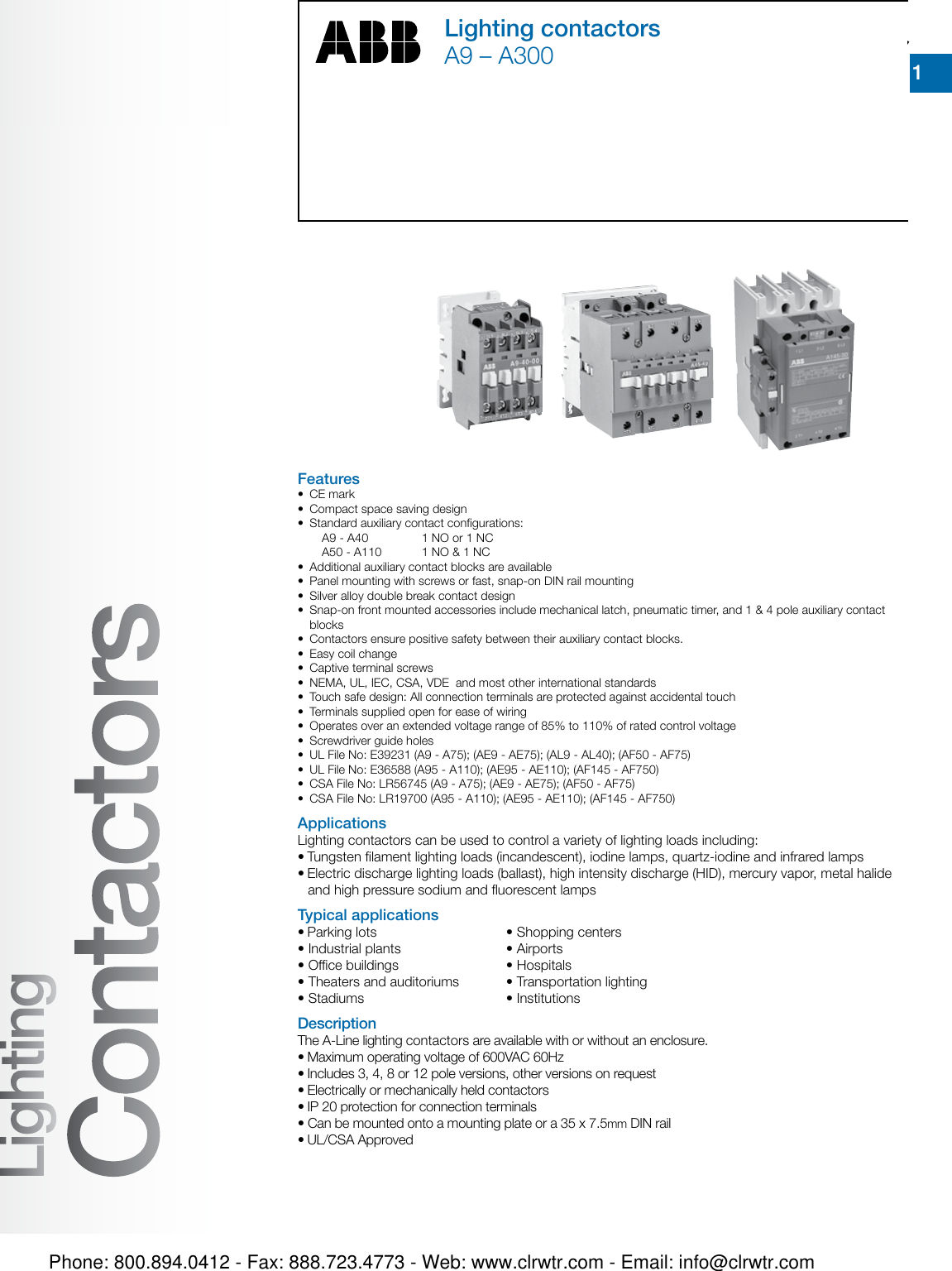 ABB A9 To A300 Lighting Contactors 129475 Catalog