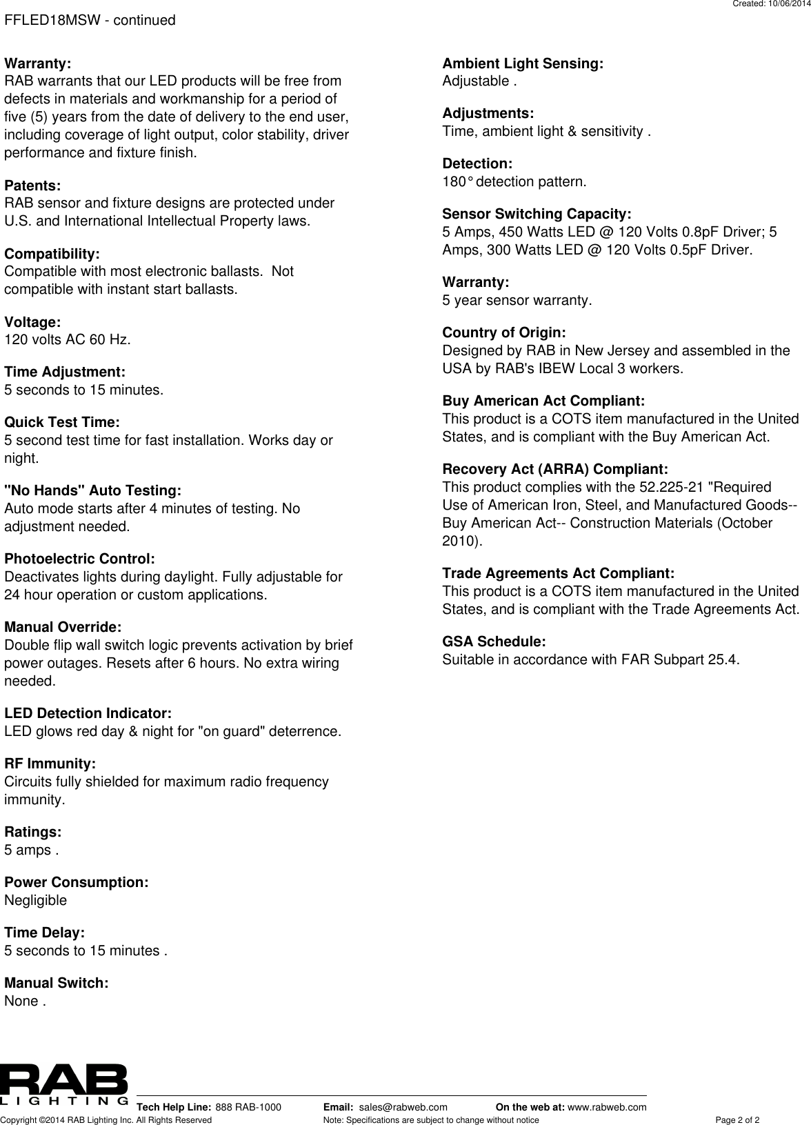 RAB Lighting, Inc Spec Sheet FFLED18MSW