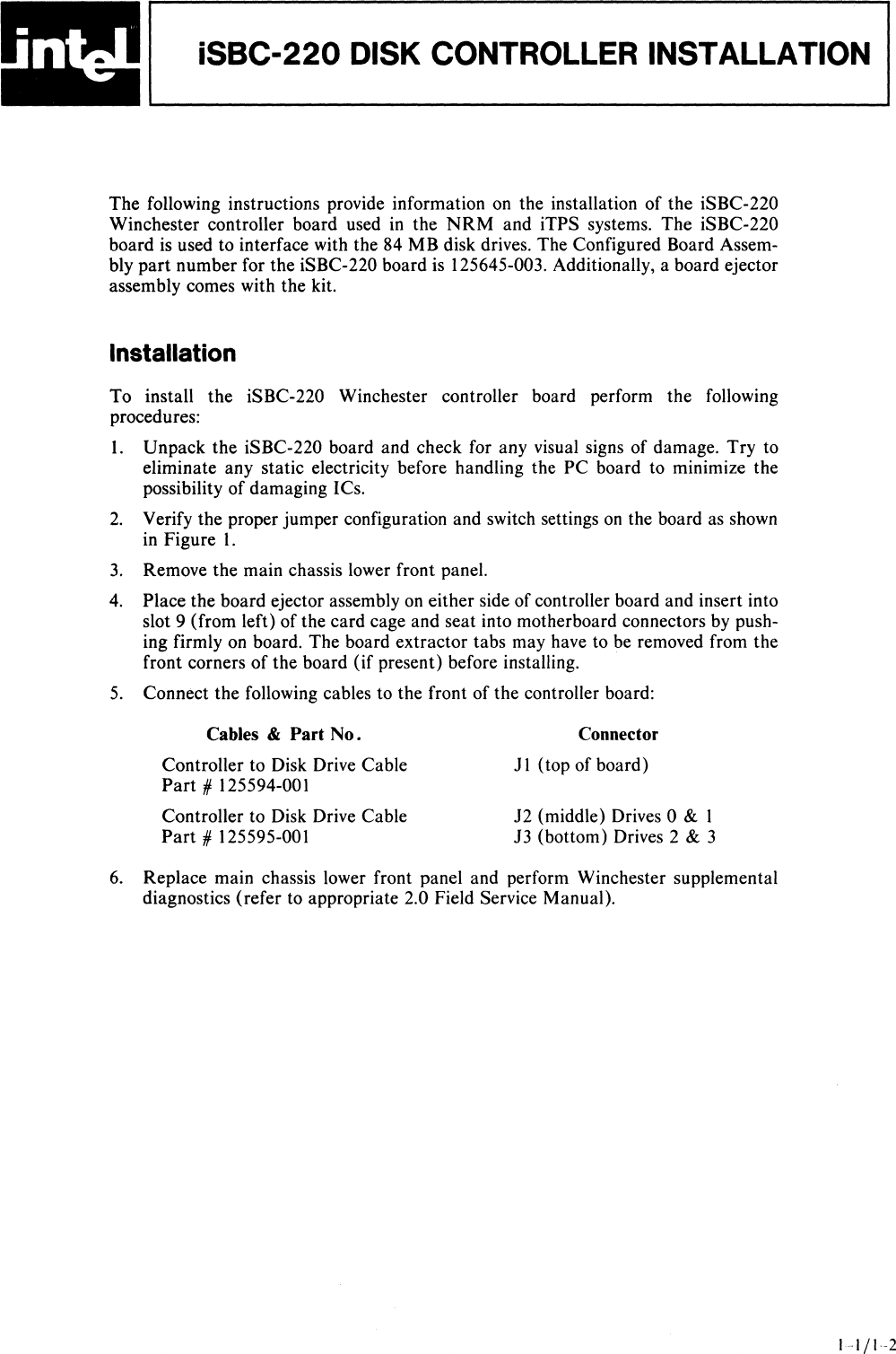 Page 5 of 10 - 133903-002_i SBC-220_Disk_Controller_Installation_Jul1984 133903-002 I SBC-220 Disk Controller Installation Jul1984