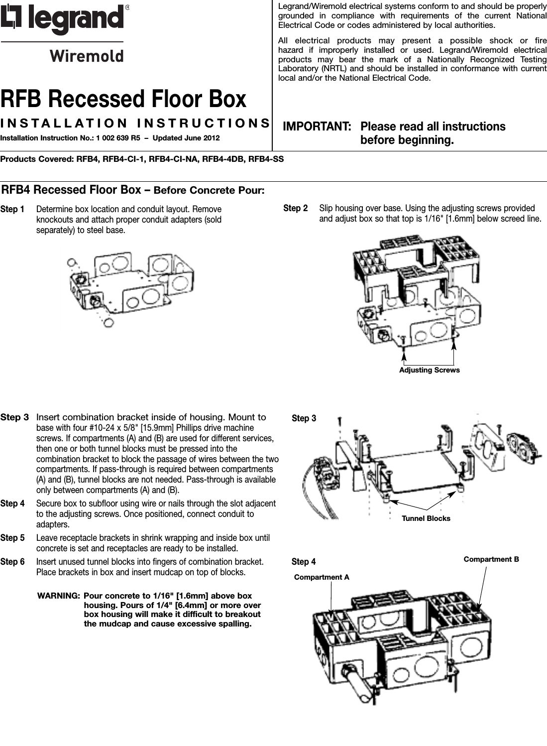 Page 1 of 4 - RFB Series Floor Boxes Installation Instructions  Directions