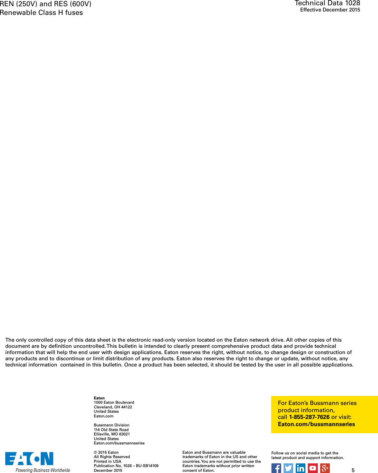 Page 5 of 5 - Bussmann Series REN And RES Renewable Fuse Data Sheet No. 1028  Brochure