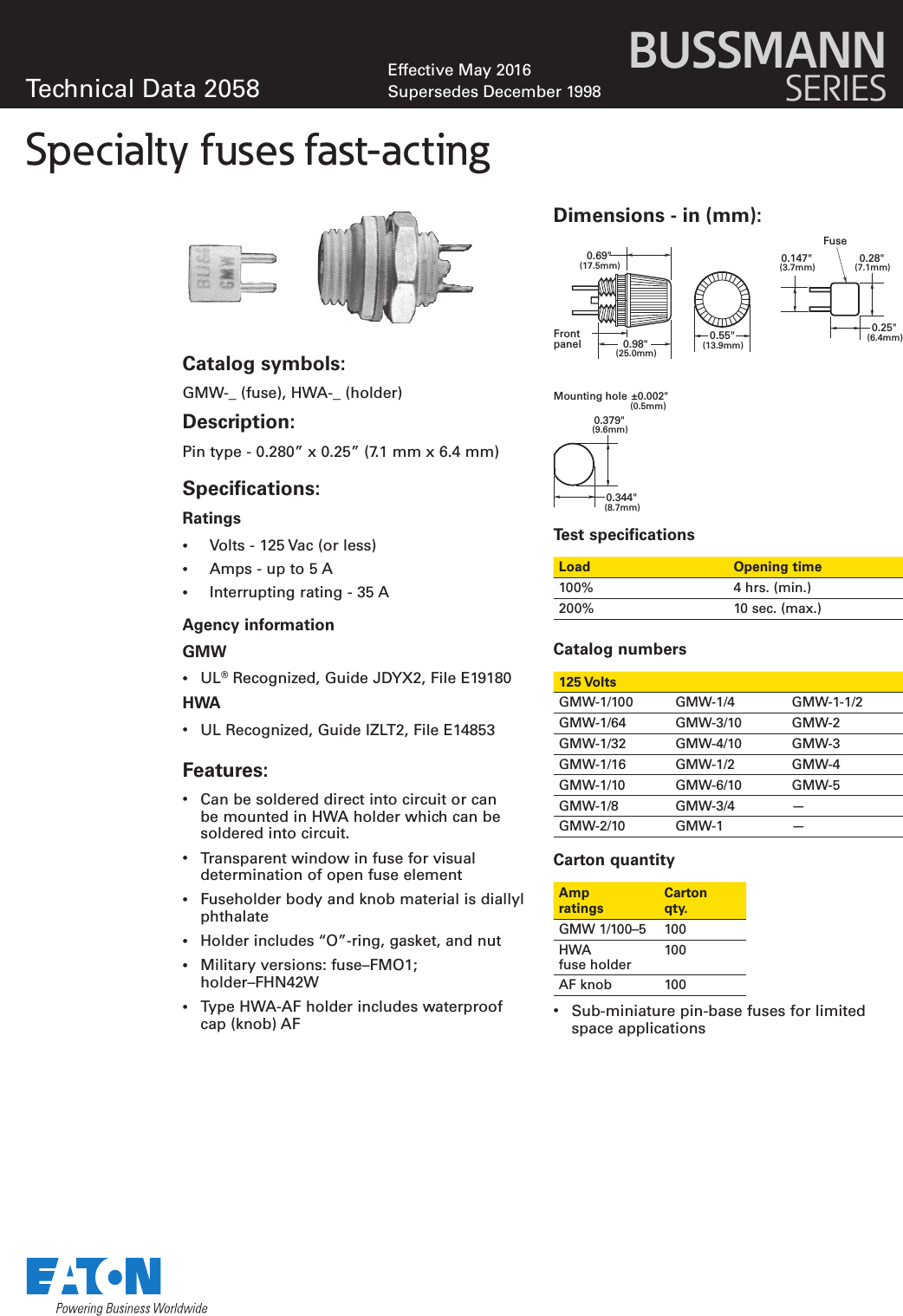 Page 1 of 2 - Bussmann Series GMW Fast-acting Fuse Data Sheet No. 2058  Brochure