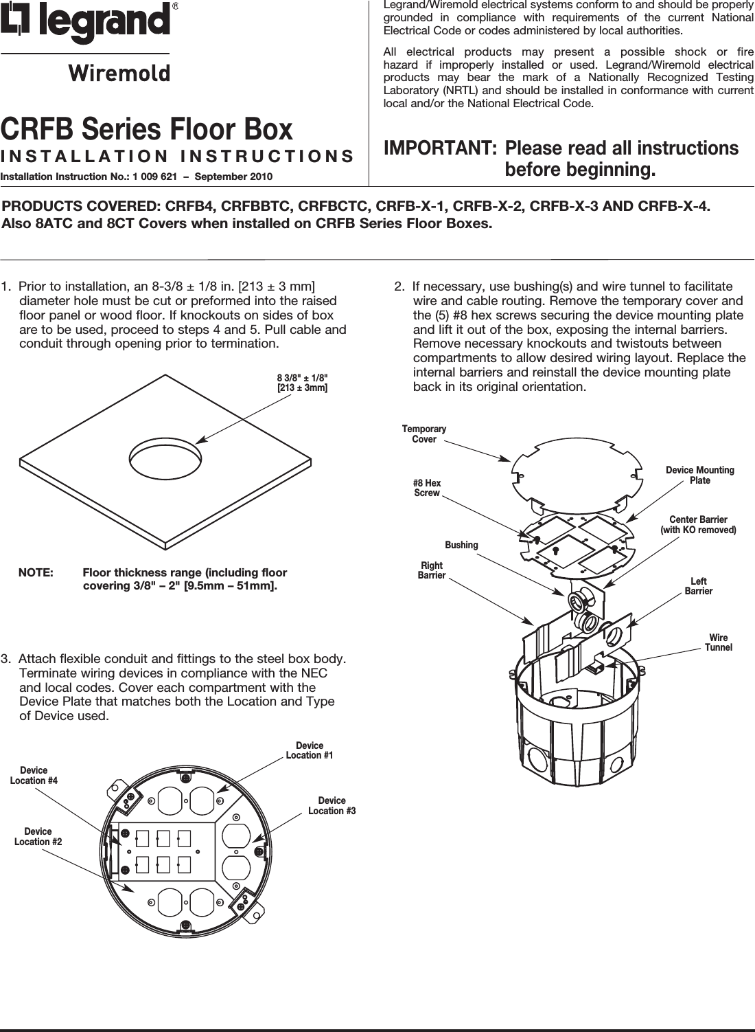 Page 1 of 4 - CRFB Series Floor Box Installation Instructions  Directions