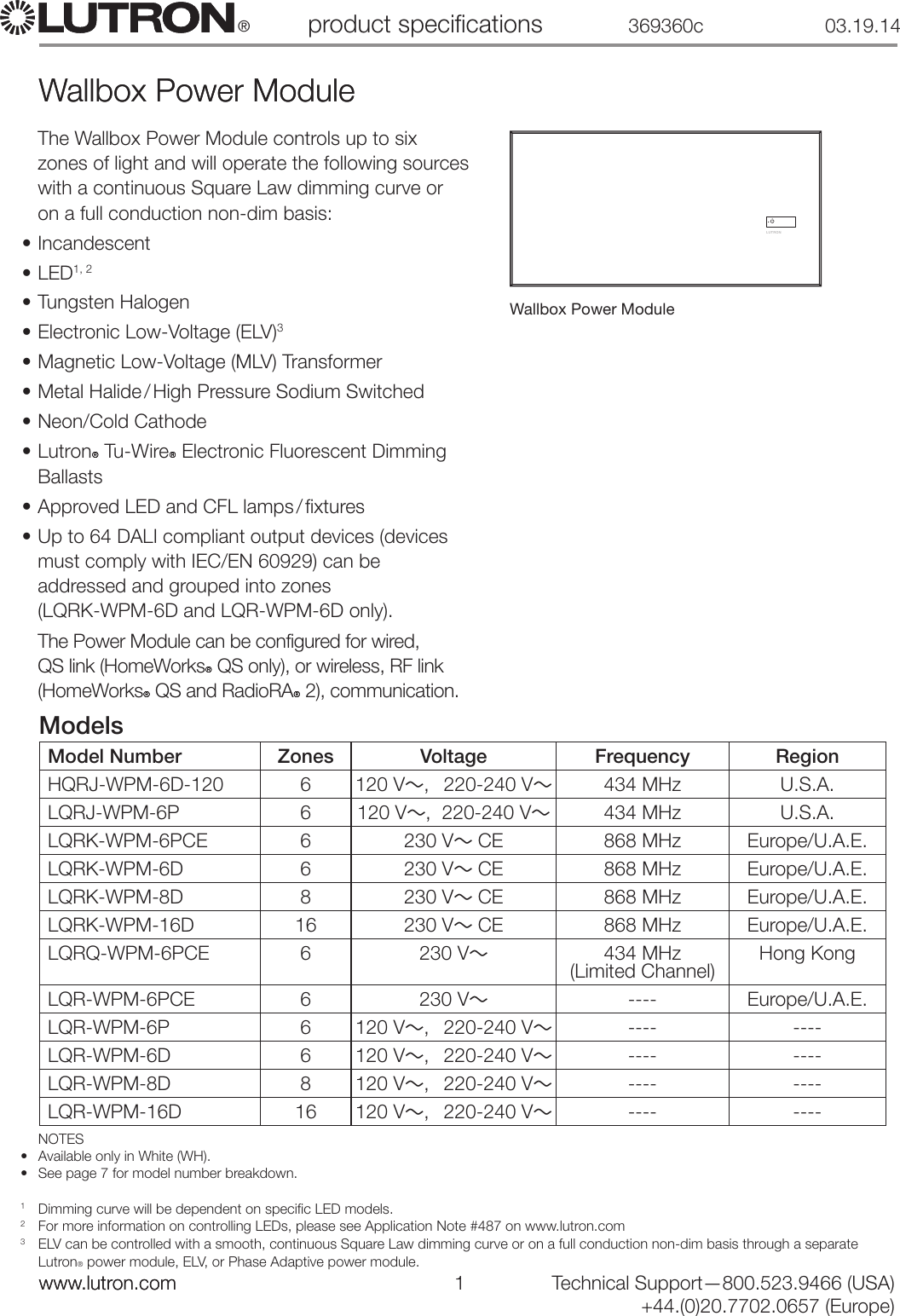 HomeWorks QS Wallbox Power Module SPEC (369360) Brochure