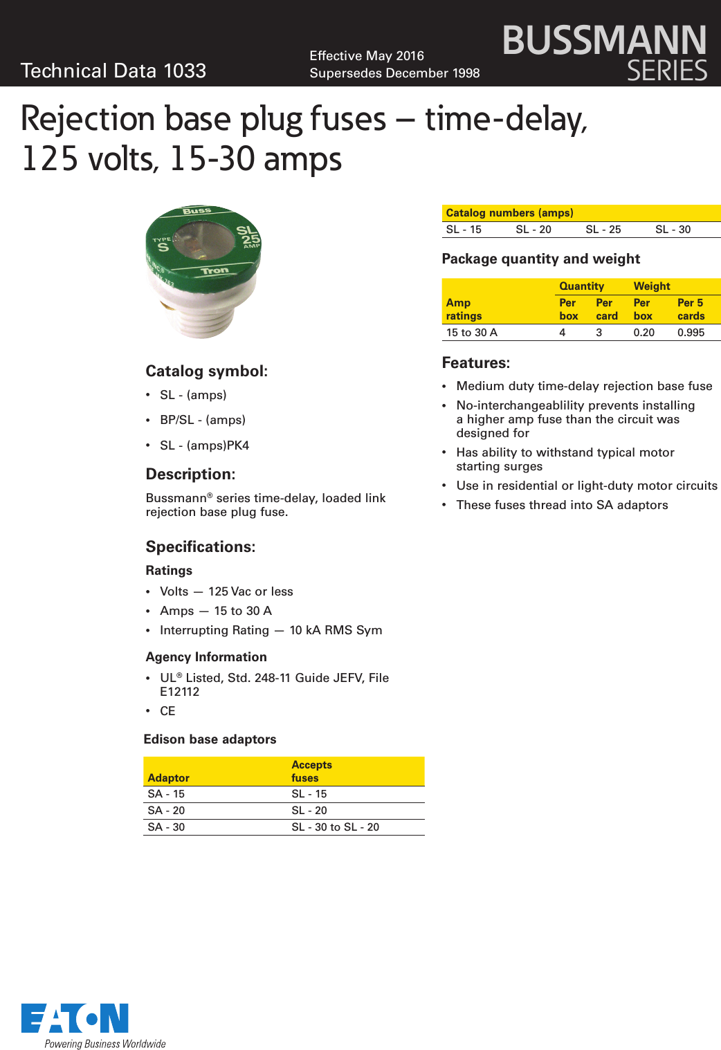 Page 1 of 2 - Bussmann Series Rejection SL Plug Fuse Data Sheet No. 1033  Brochure