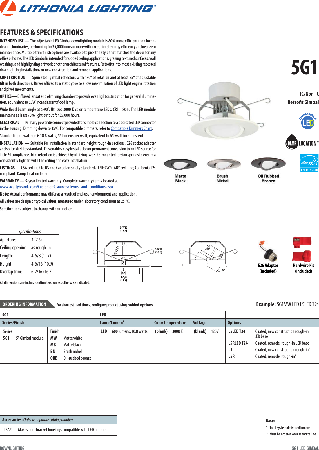 Page 1 of 2 - Lithonia 5G1BN LED M6 Downlight Spec Sheet