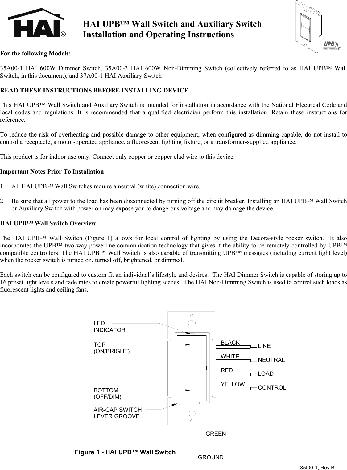 Page 1 of 5 - 35I00-1 UPB Wall Switch  Installation Directions