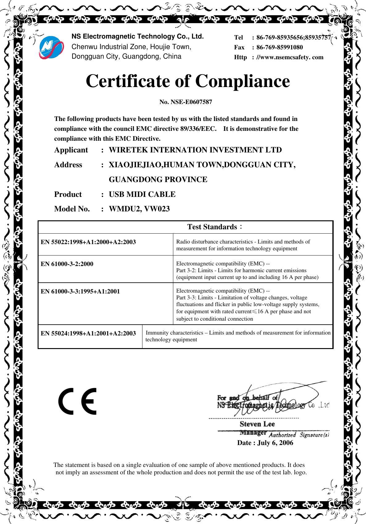 Page 1 of 1 - E0607587 线技 DOC  179171 CE Certification